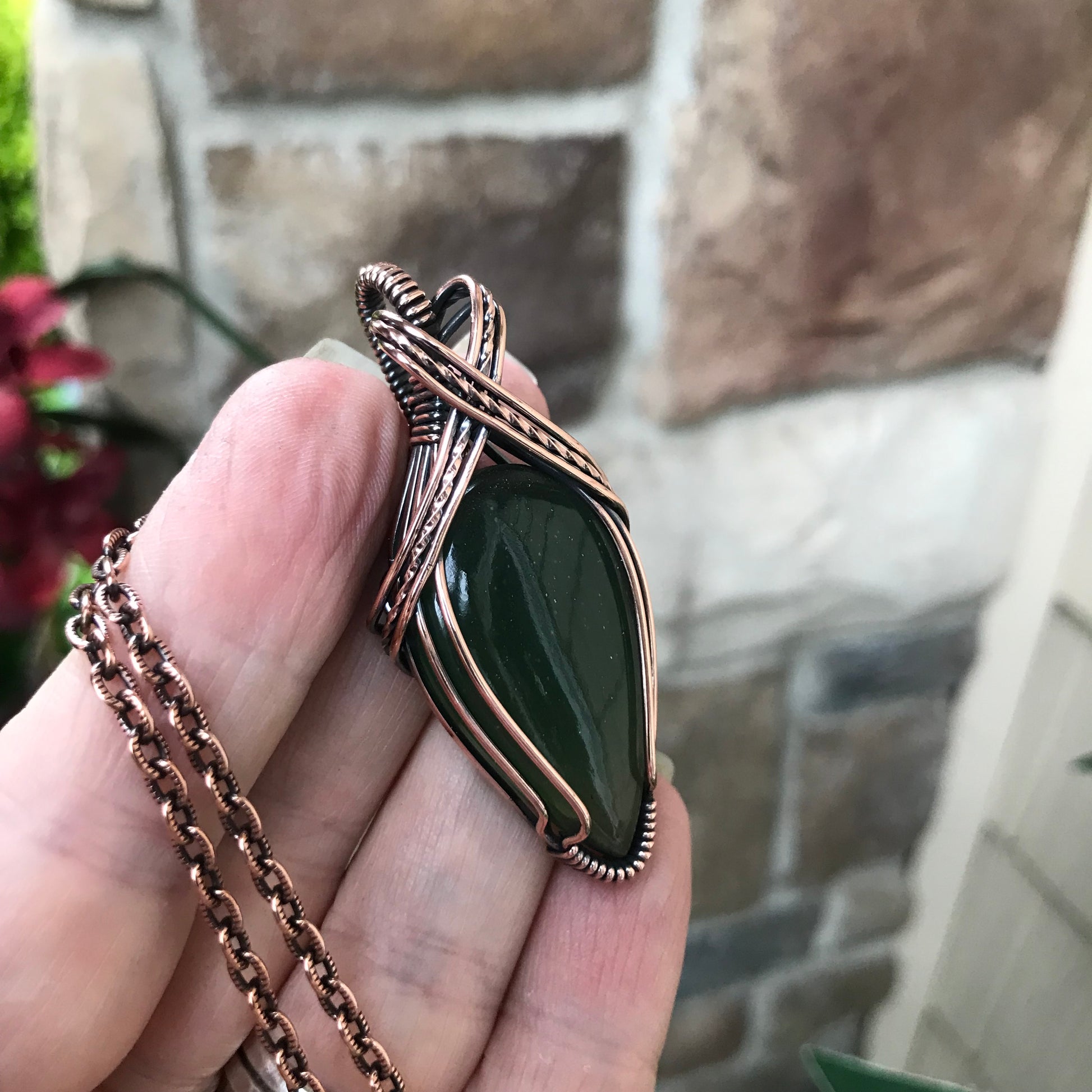 Green Serpentine Teardrop  Copper Pendant