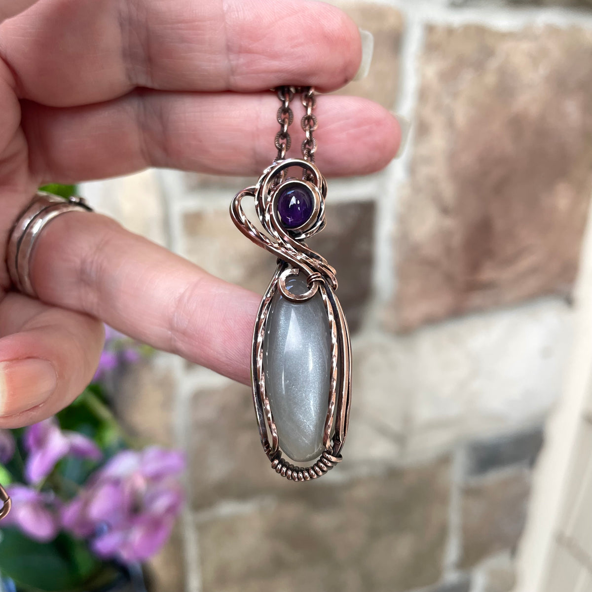 Gray Moonstone & Amethyst Copper Pendant
