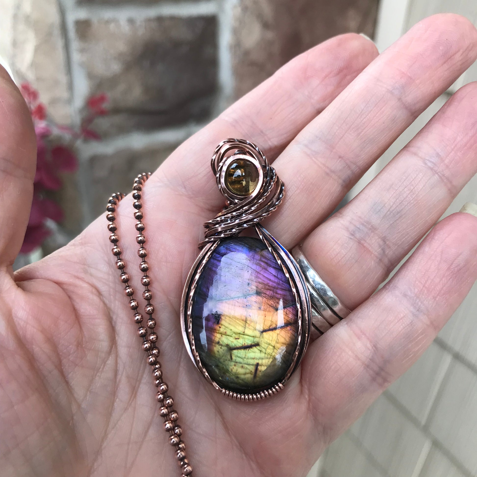 Rainbow Labradorite & Citrine Oval Copper Pendant