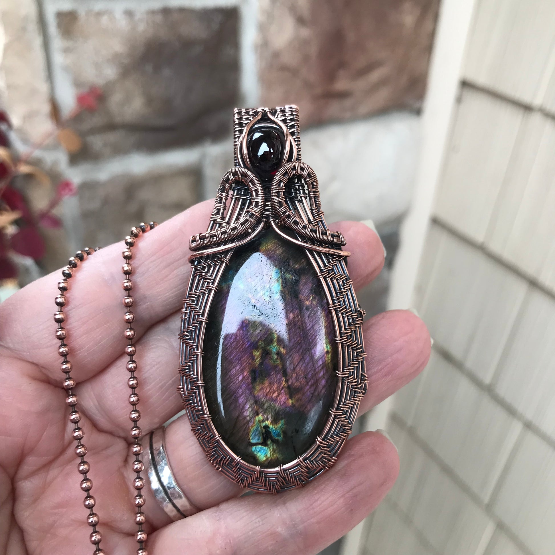 Purple Maroon Labradorite & Garnet Woven Copper Pendant