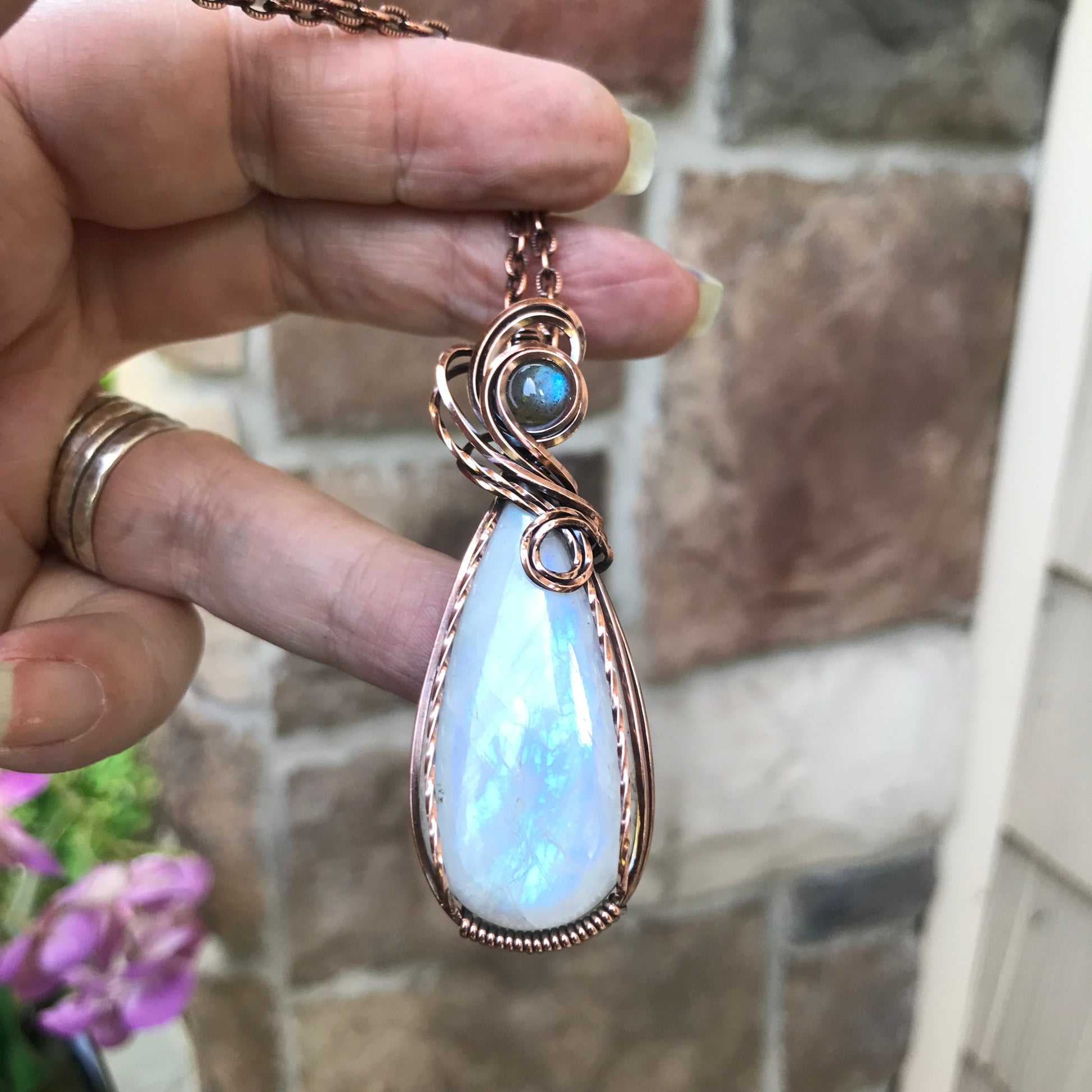 Moonstone & Blue Labradorite Swirly Copper Pendant