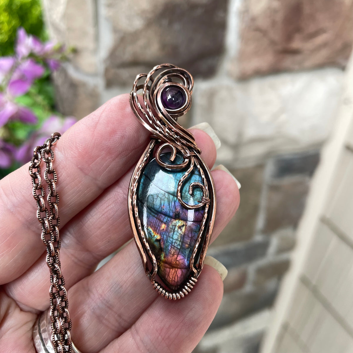 Teal Rainbow Labradorite & Amethyst Swirly Copper Pendant