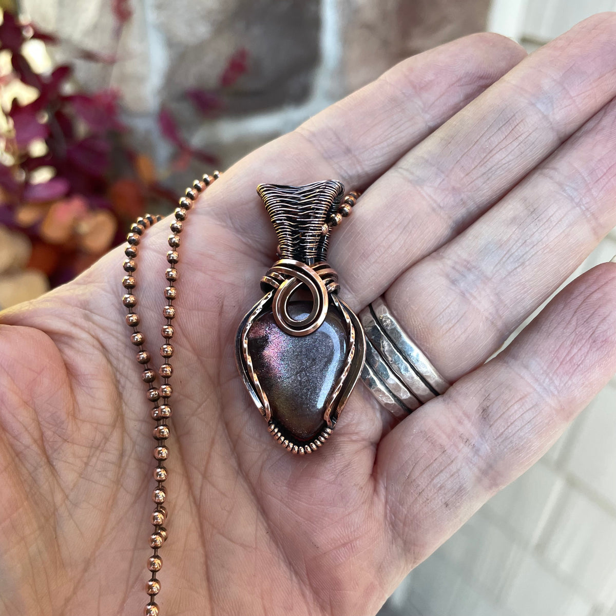 Moonstone Sunstone Teardrop Copper Pendant