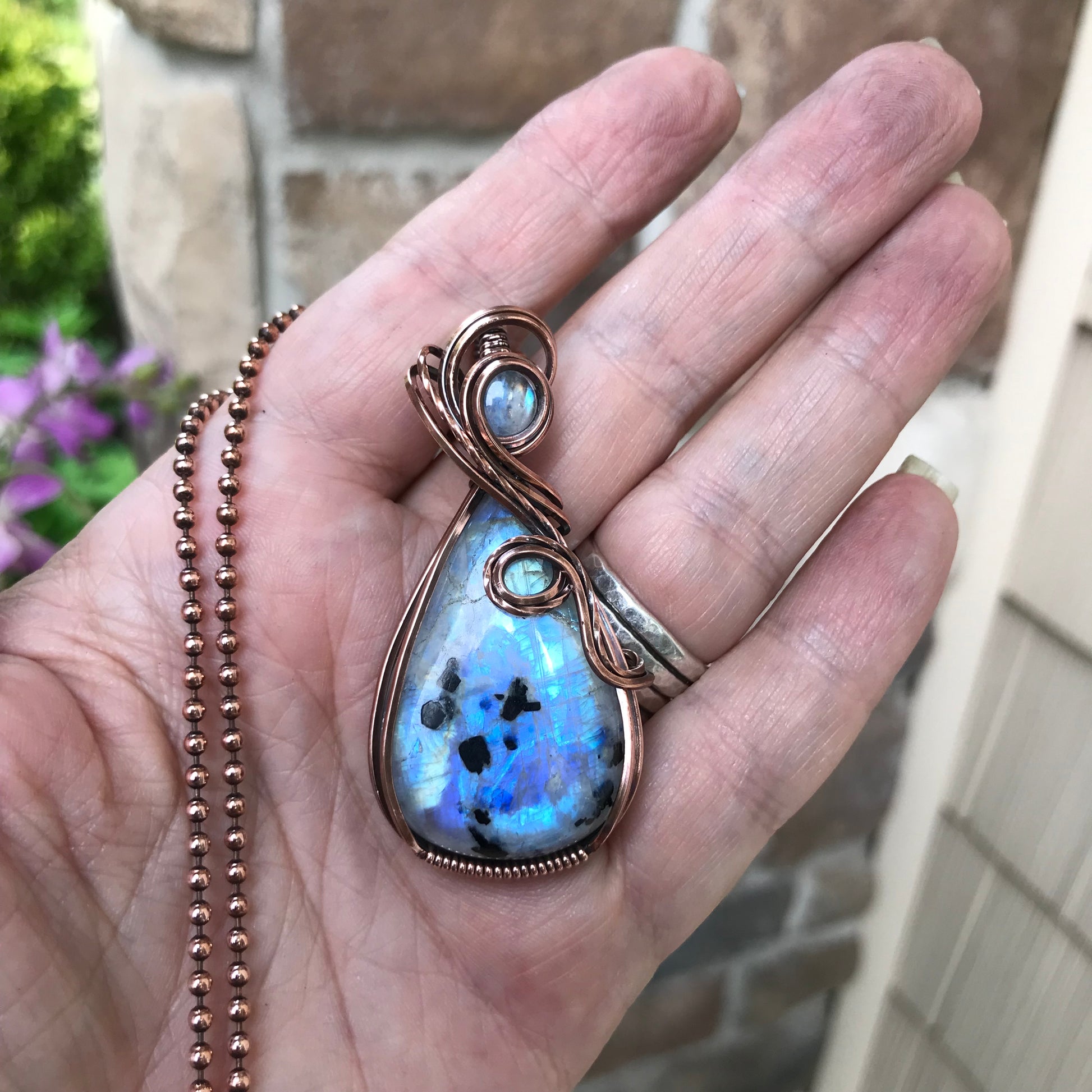 Moonstone with Black Tourmaline Copper Pendant