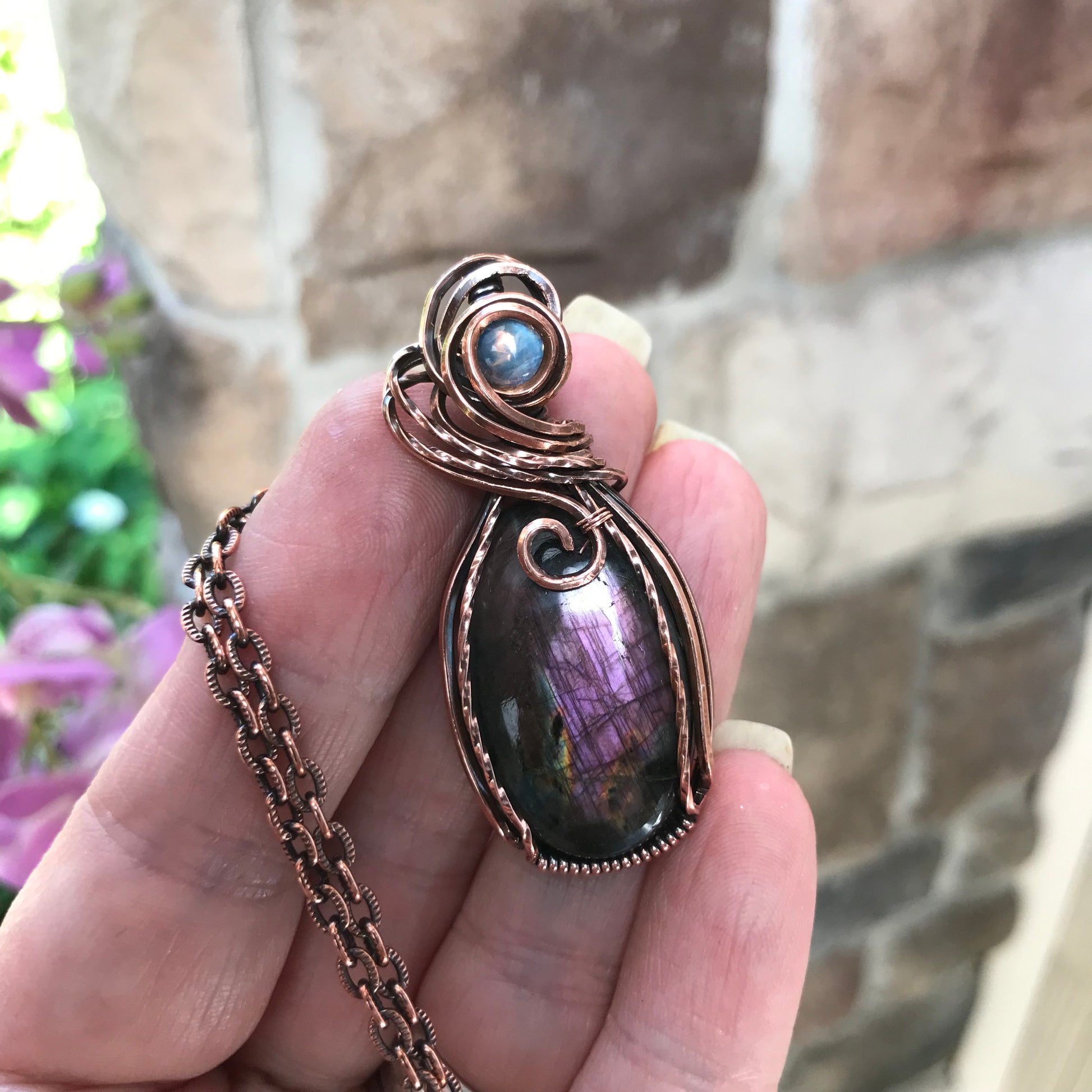 Purple Labradorite & Moonatone Copper Pendant
