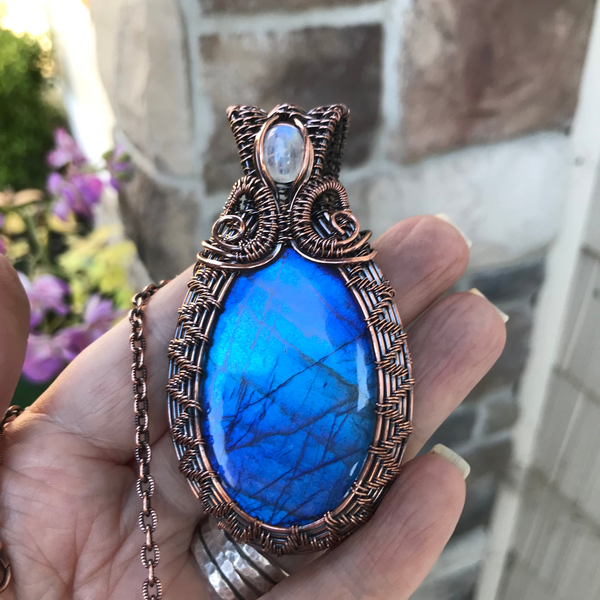 Blue Labradorite & Moonstone Copper Wire Weave Necklace