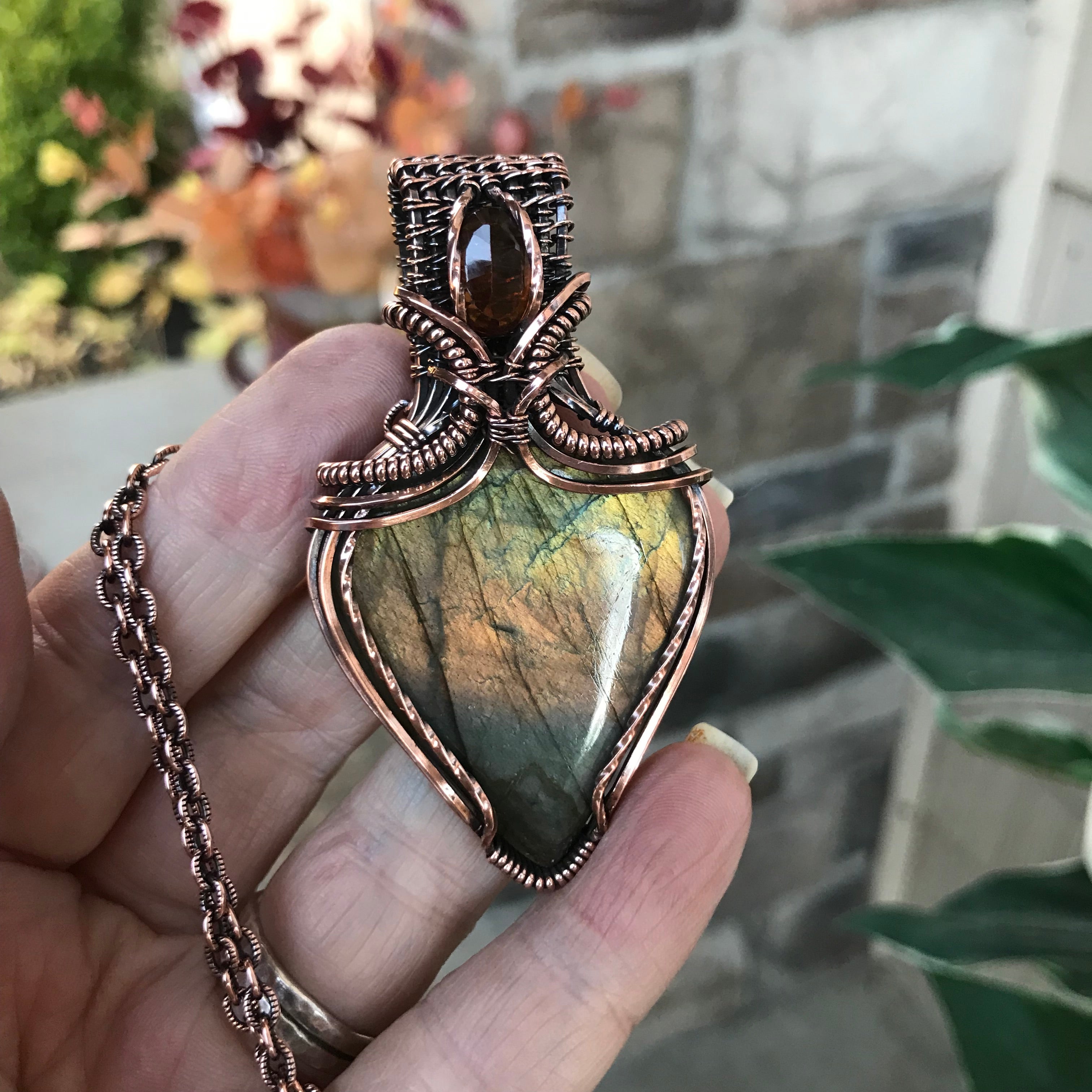 Amber Green Labradorite & Hessonite Garnet Copper Pendant