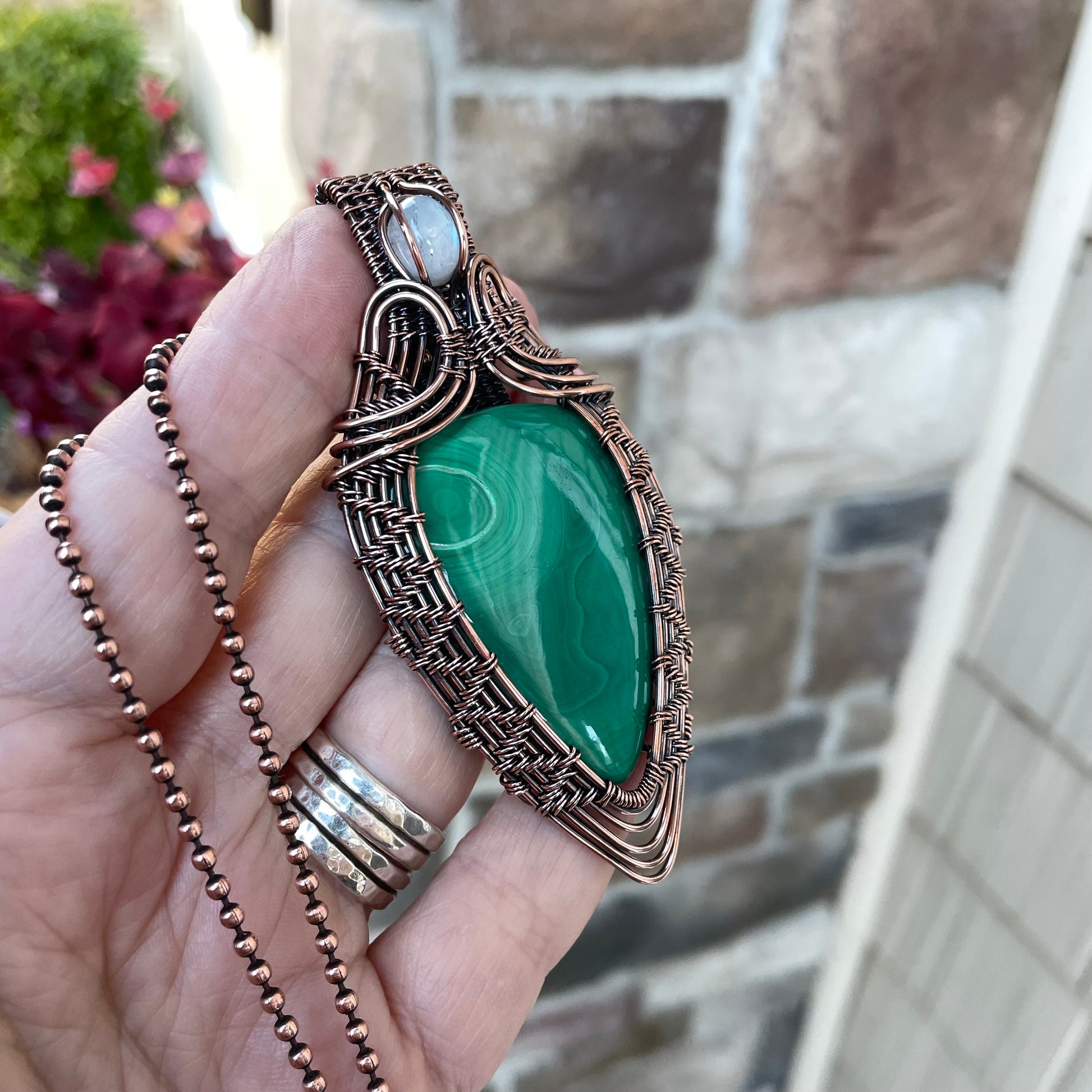 Malachite & Moonstone Woven Copper Pendant