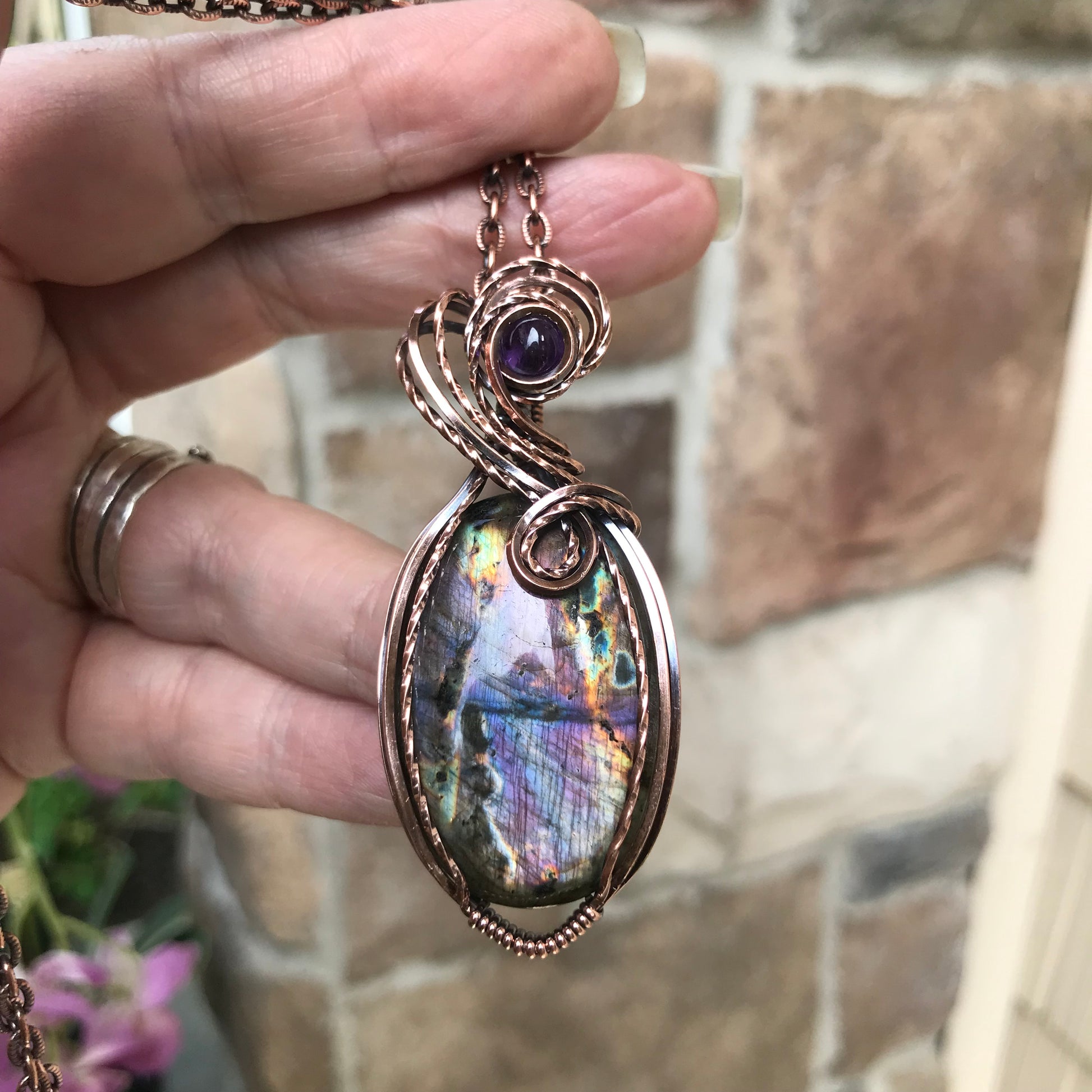 Smoky Purple Rainbow Labradorite & Amethyst Oval Copper Pendant