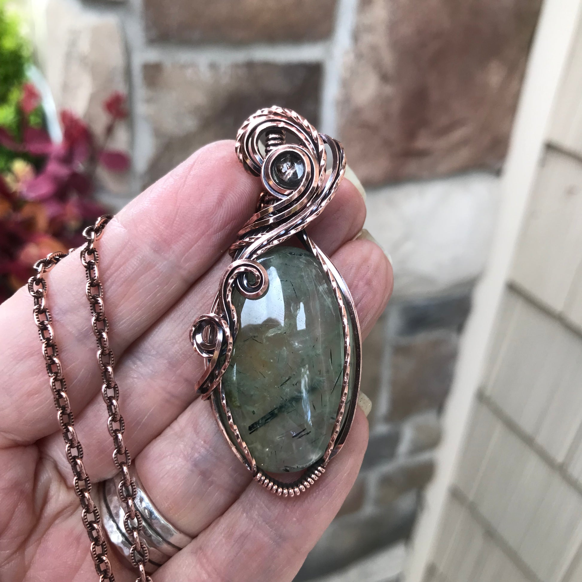 Prehnite & Prasiolite Swirly Copper Pendant