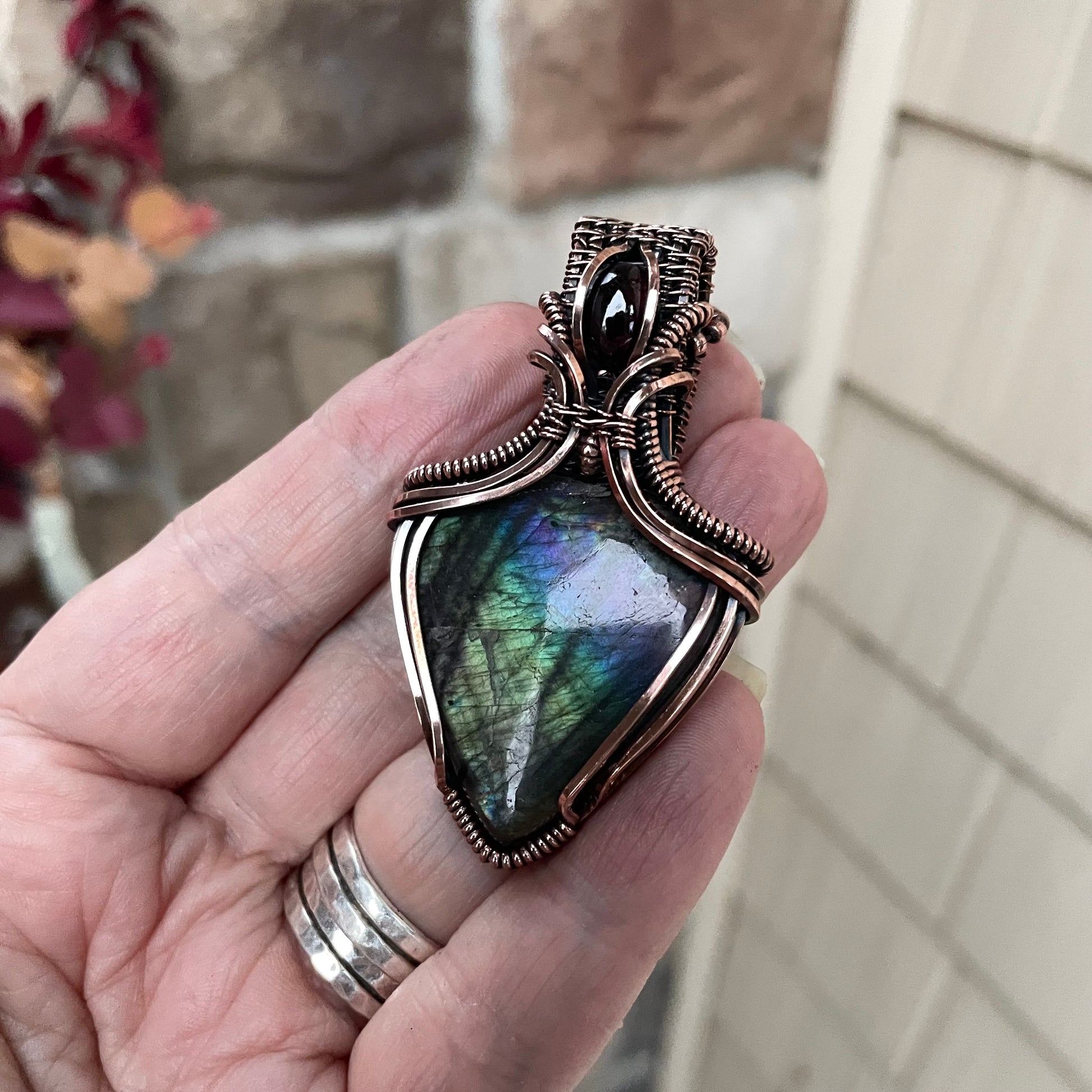 Discounted - Teal Purple Labradorite & Garnet Copper Necklace with Weaving