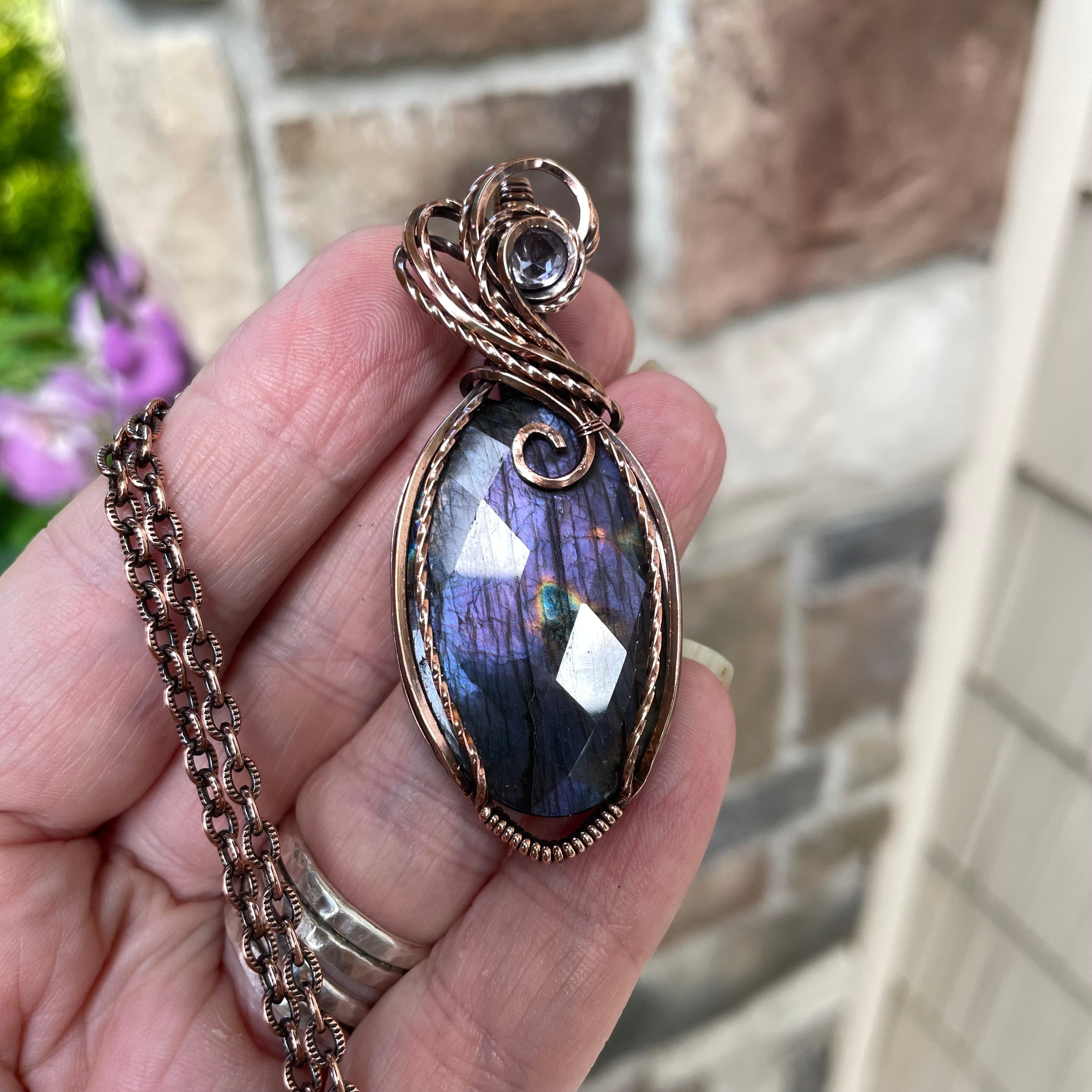 Faceted Purple Oval Labradorite & Pink Amethyst Copper Pendant