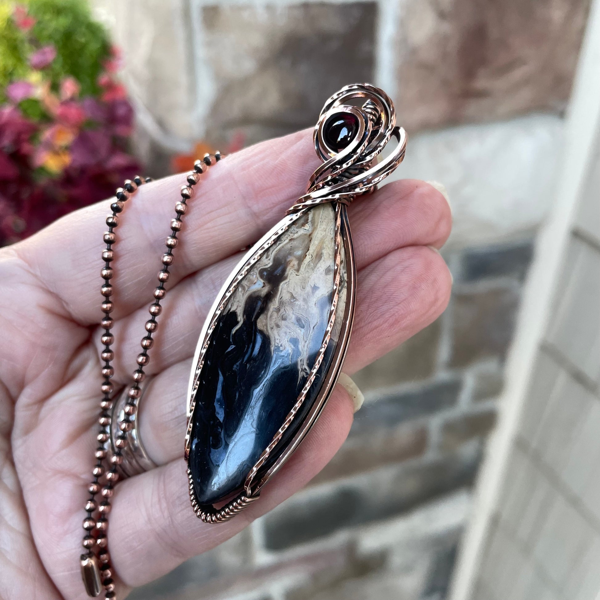 Petrified Palm Wood & Garnet Marquis Copper Necklace