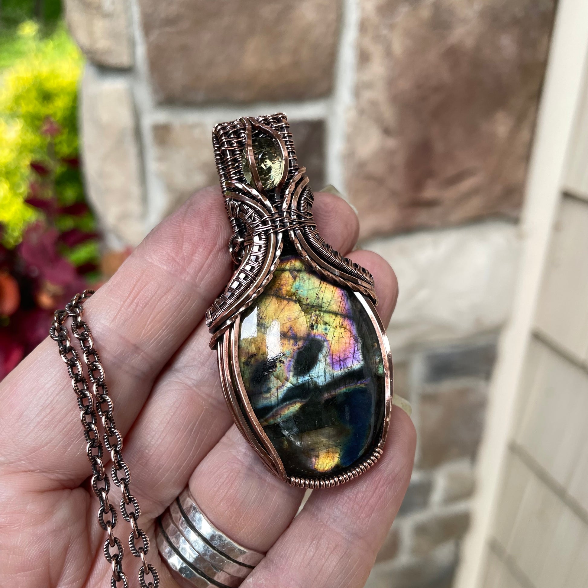 Yellow Orange Labradorite & Lemon Quartz Oval Copper Necklace with Weaving