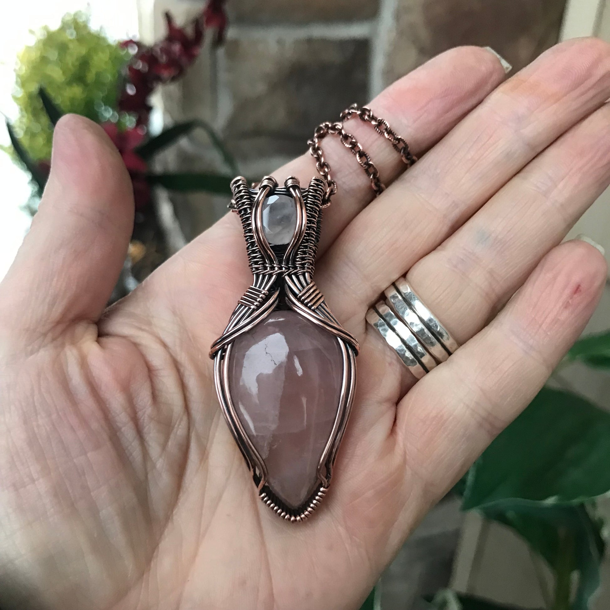 Rose Quartz with Faceted Rose Quartz Copper Pendant