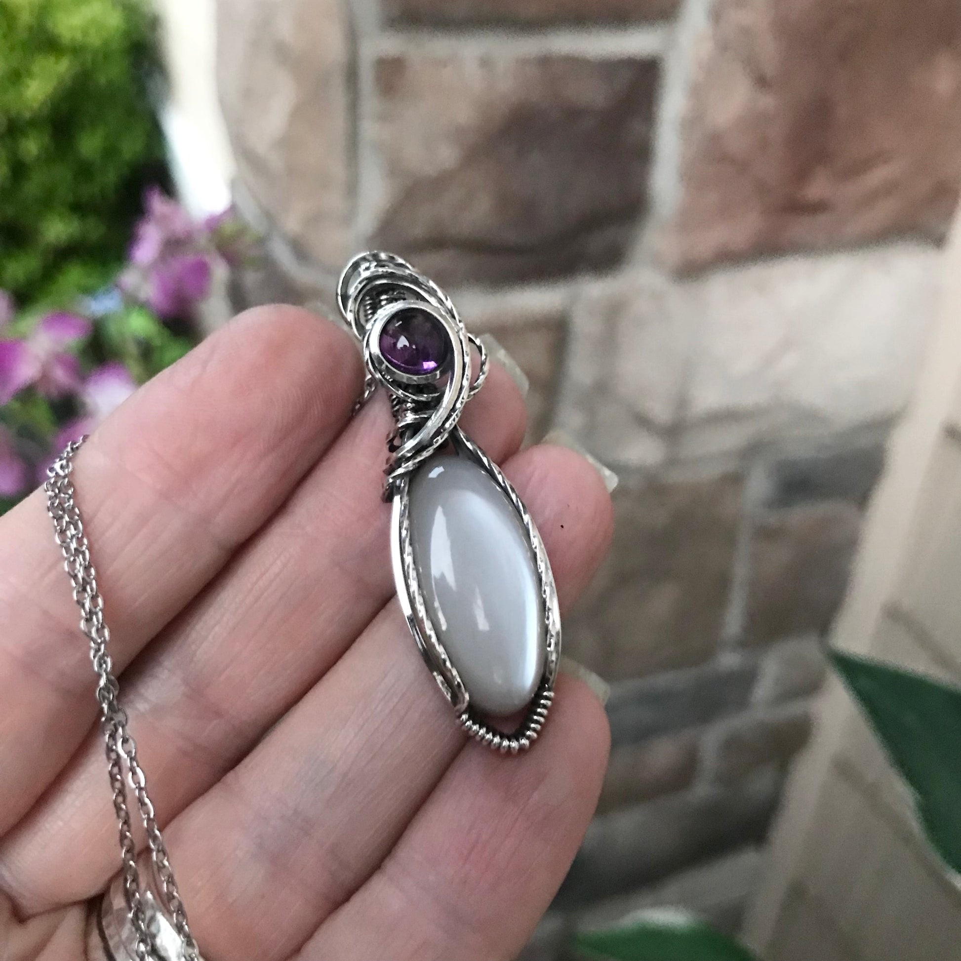 Light Gray Moonstone & Amethyst Sterling Silver Pendant