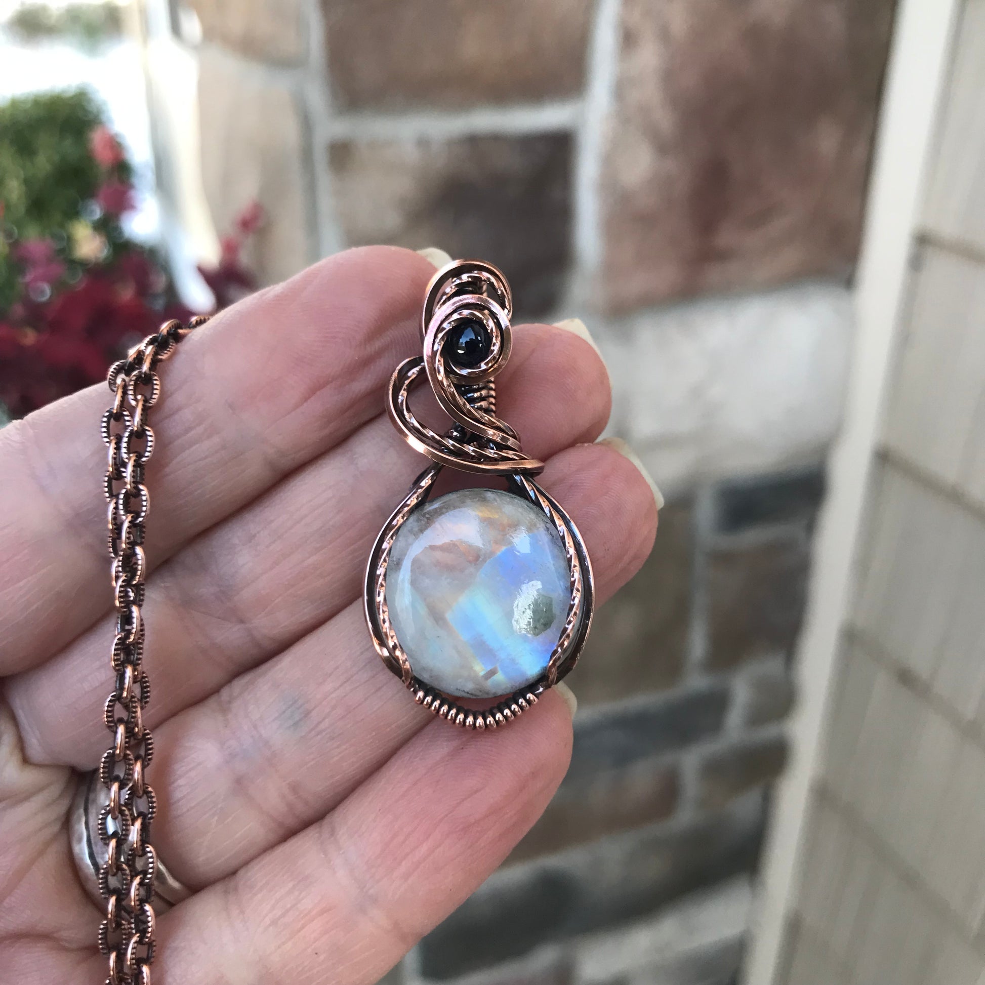 Rainbow Moonstone & Iolite Copper Pendant