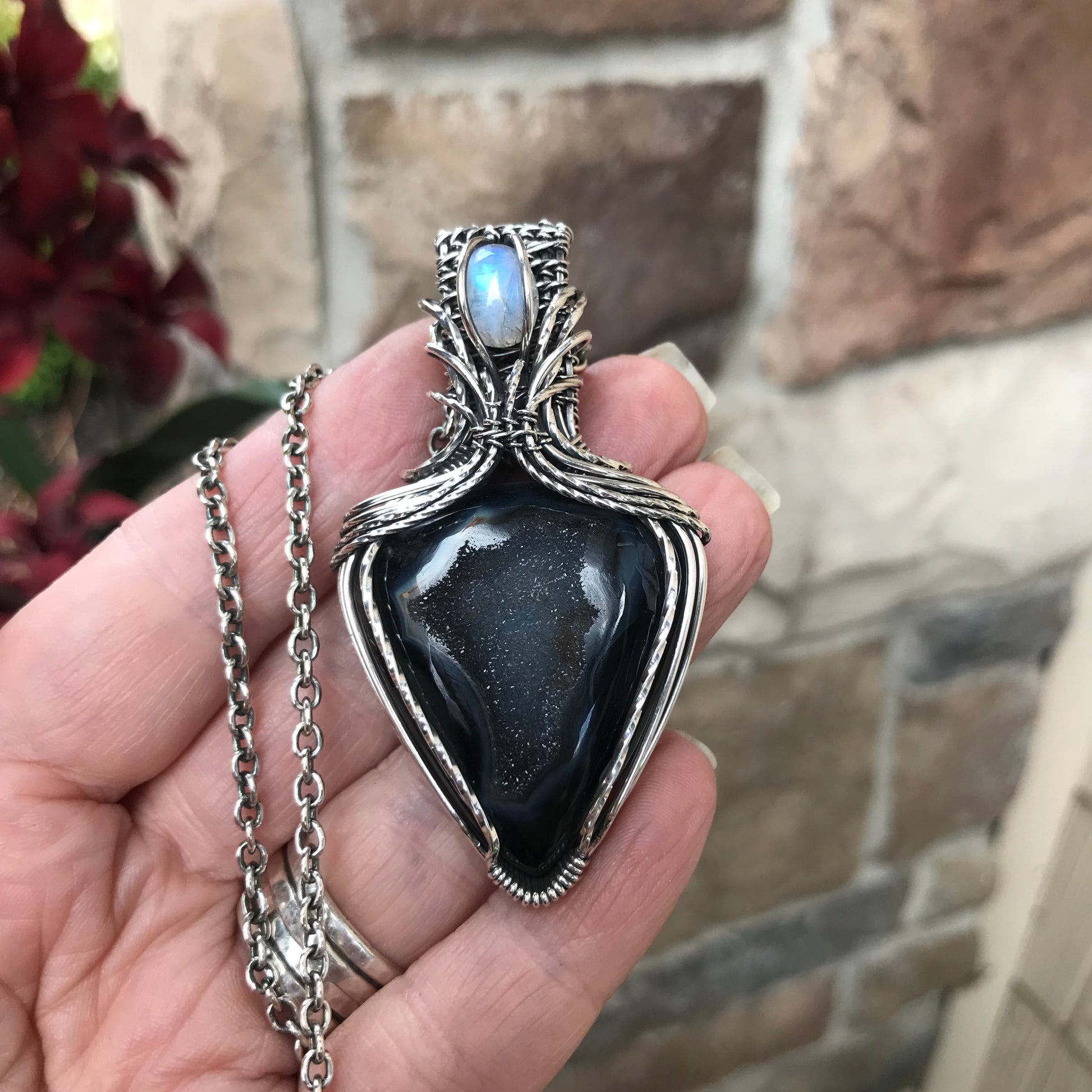 Custom Listing - Black Onyx Druzy & Moonstone Accent Silver Pendant