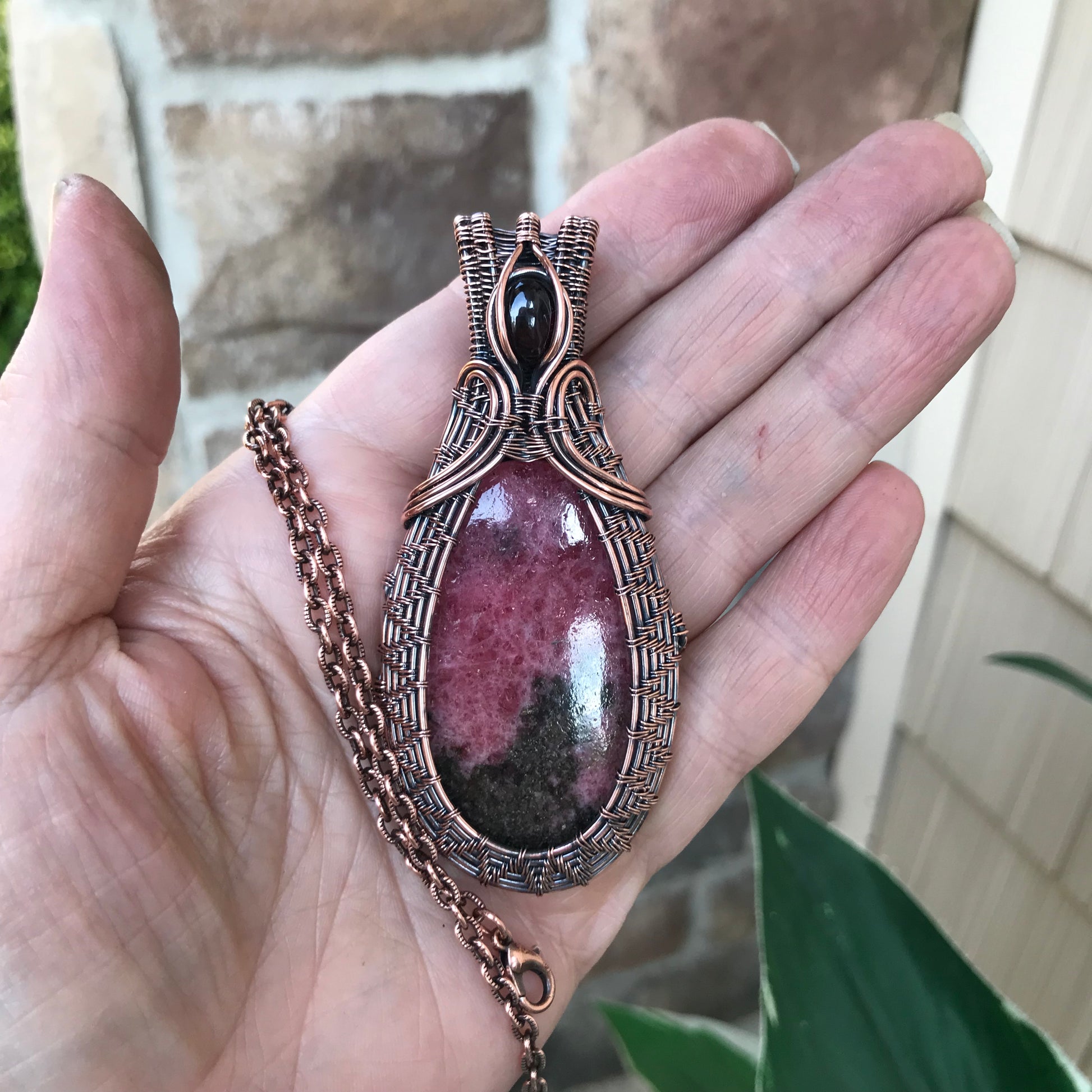 Rhodonite & Garnet Woven Copper Pendant