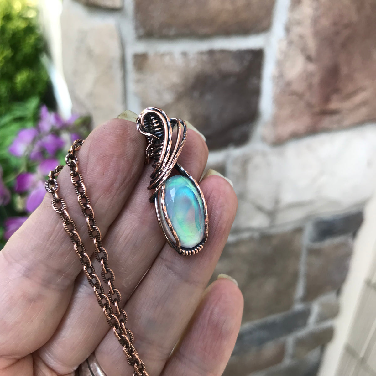 Aurora Opal Green Pink Copper Necklace