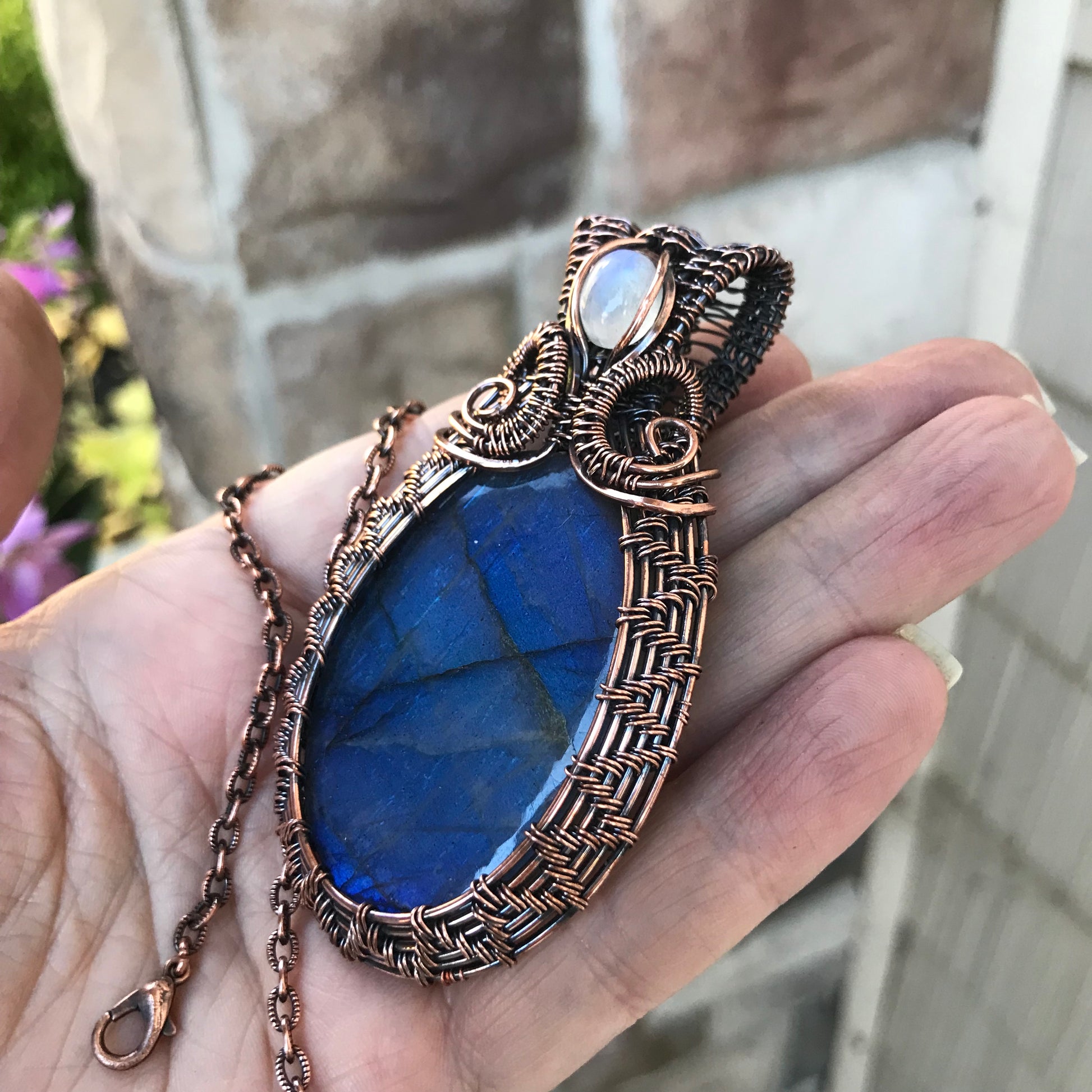 Blue Labradorite & Moonstone Copper Wire Weave Necklace