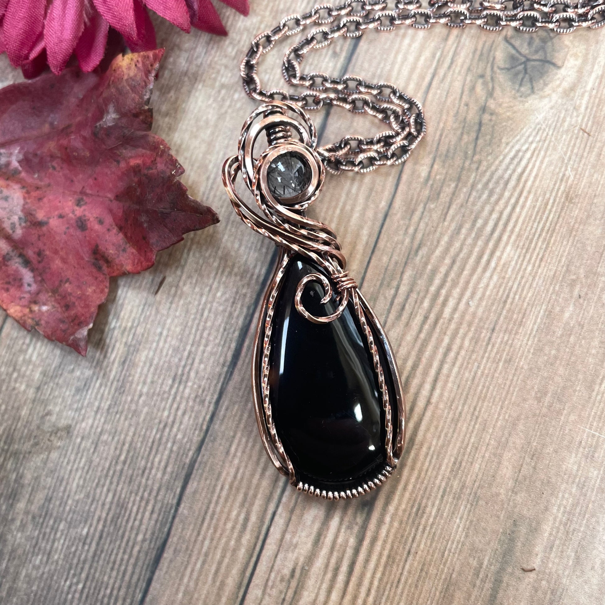 Black Onyx with Black Rutile Quartz Copper Necklace