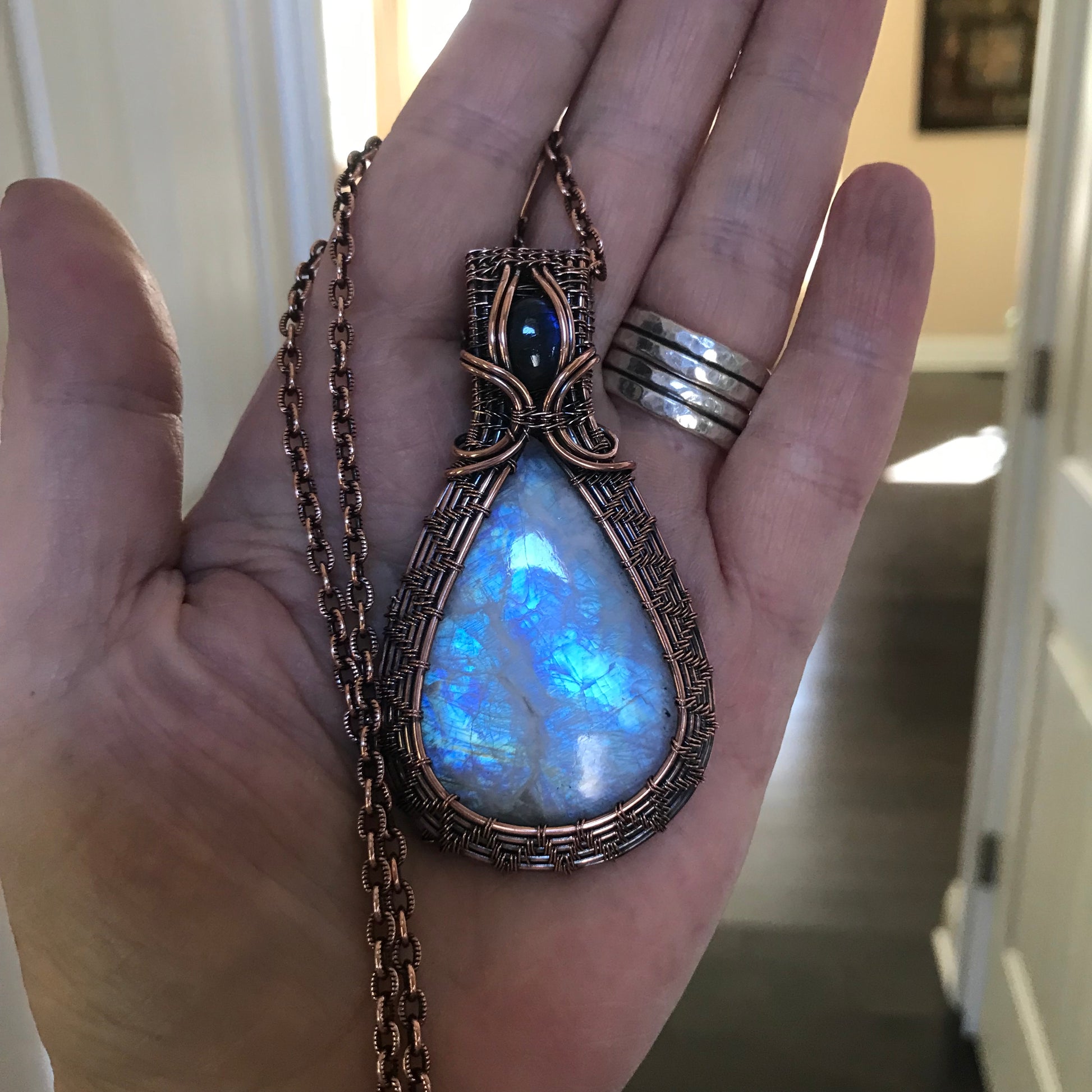 Rainbow Moonstone w/ Blue Labradorite Woven Copper Pendant