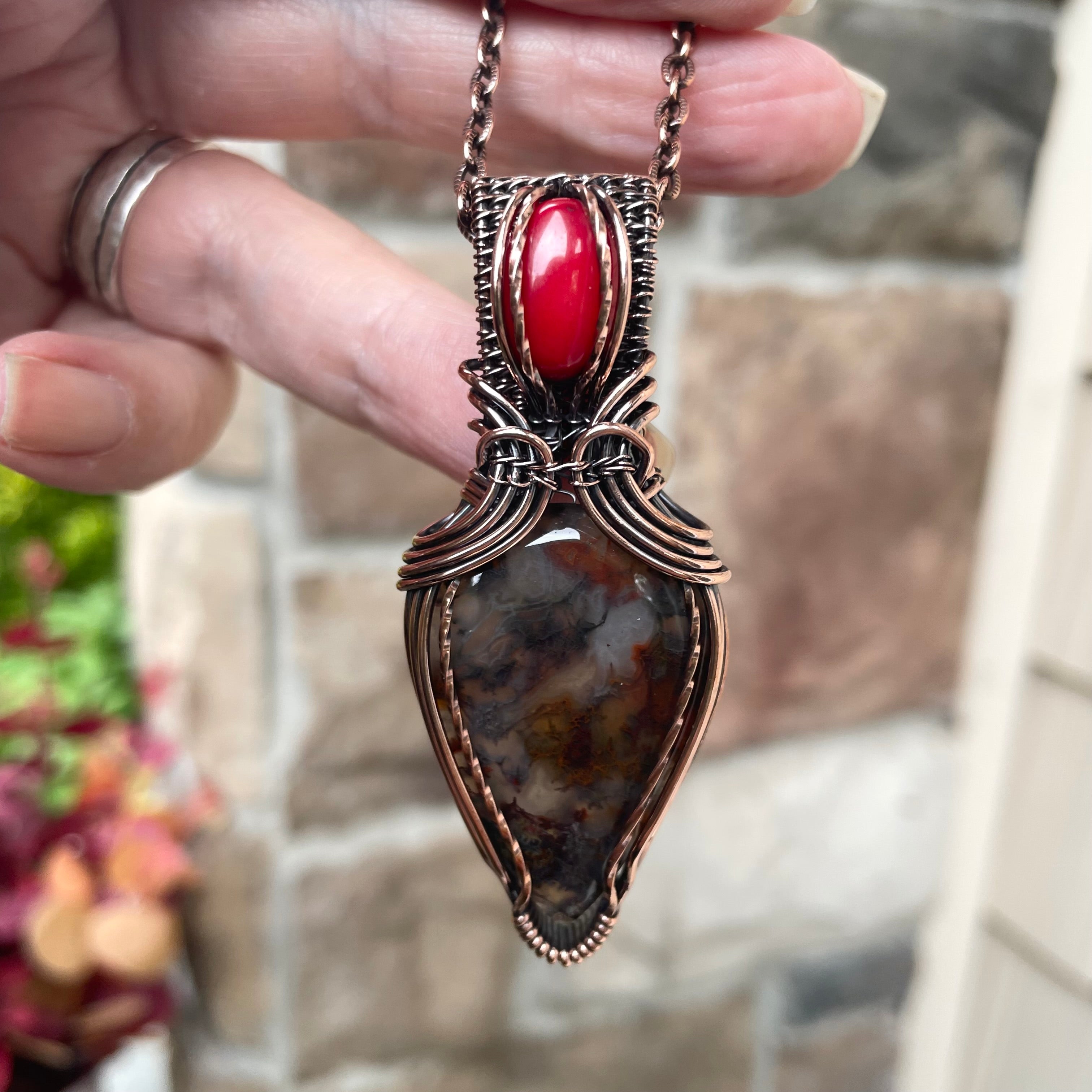 Red Moss Agate & Coral Copper Pendant with Weaving