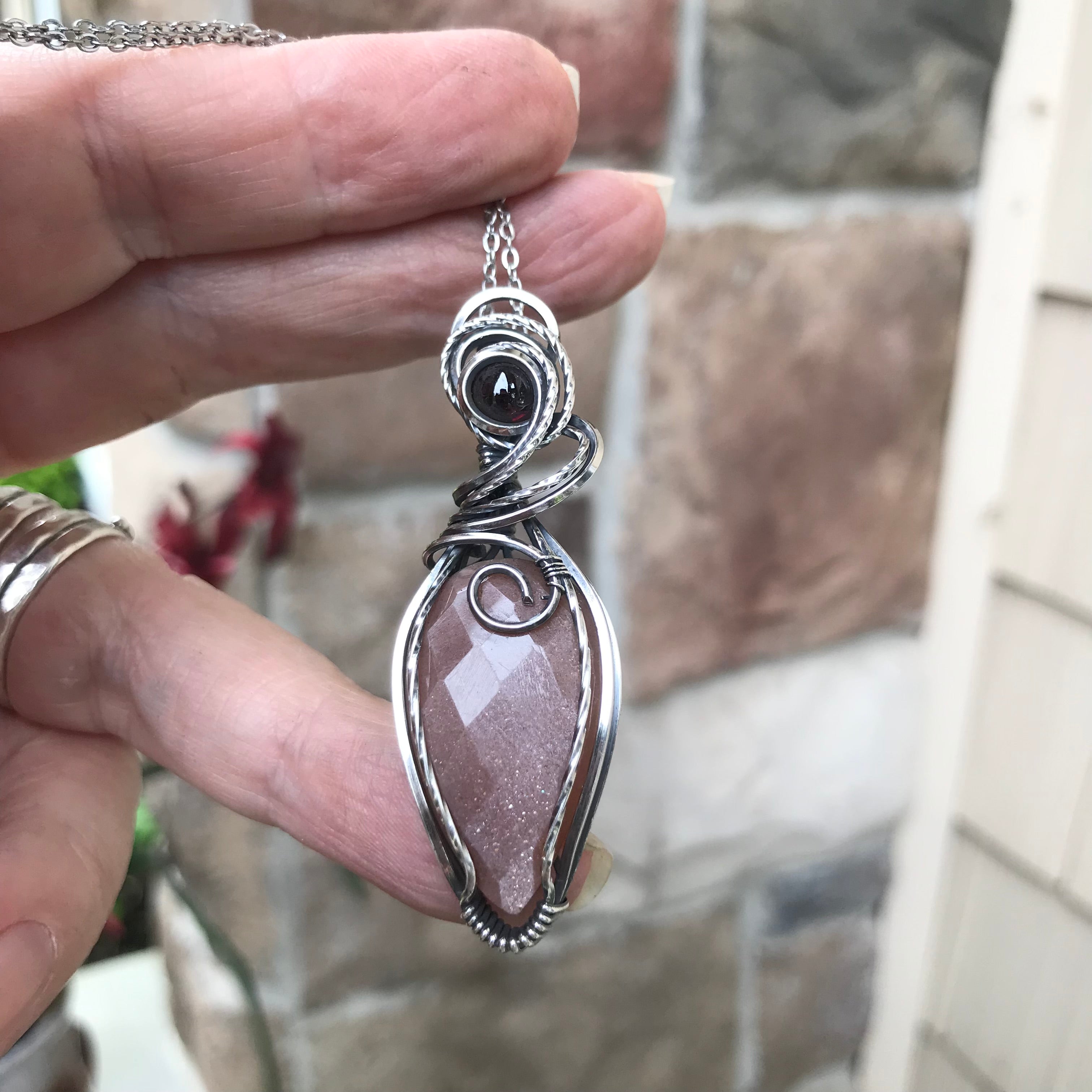 Peach Moonstone & Garnet Sterling Silver Pendant