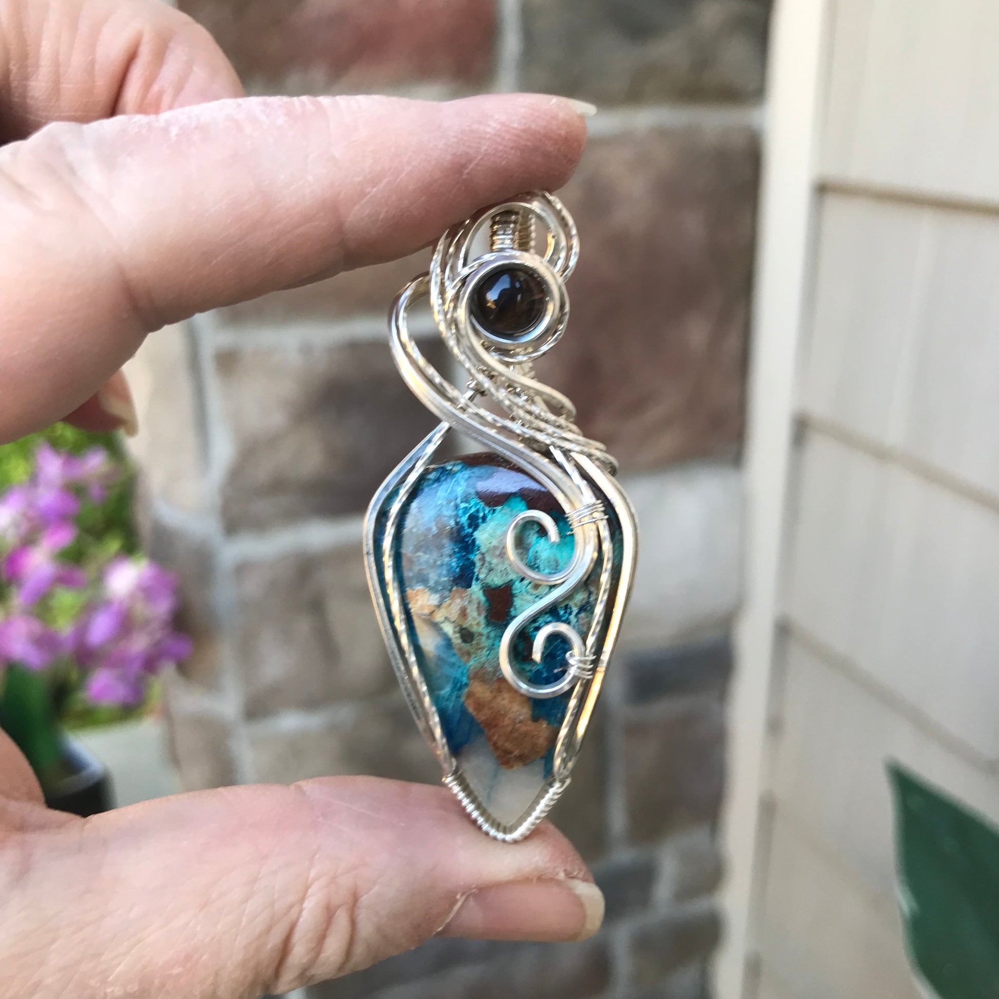 Shattuckite & Smoky Quartz Silver Necklace