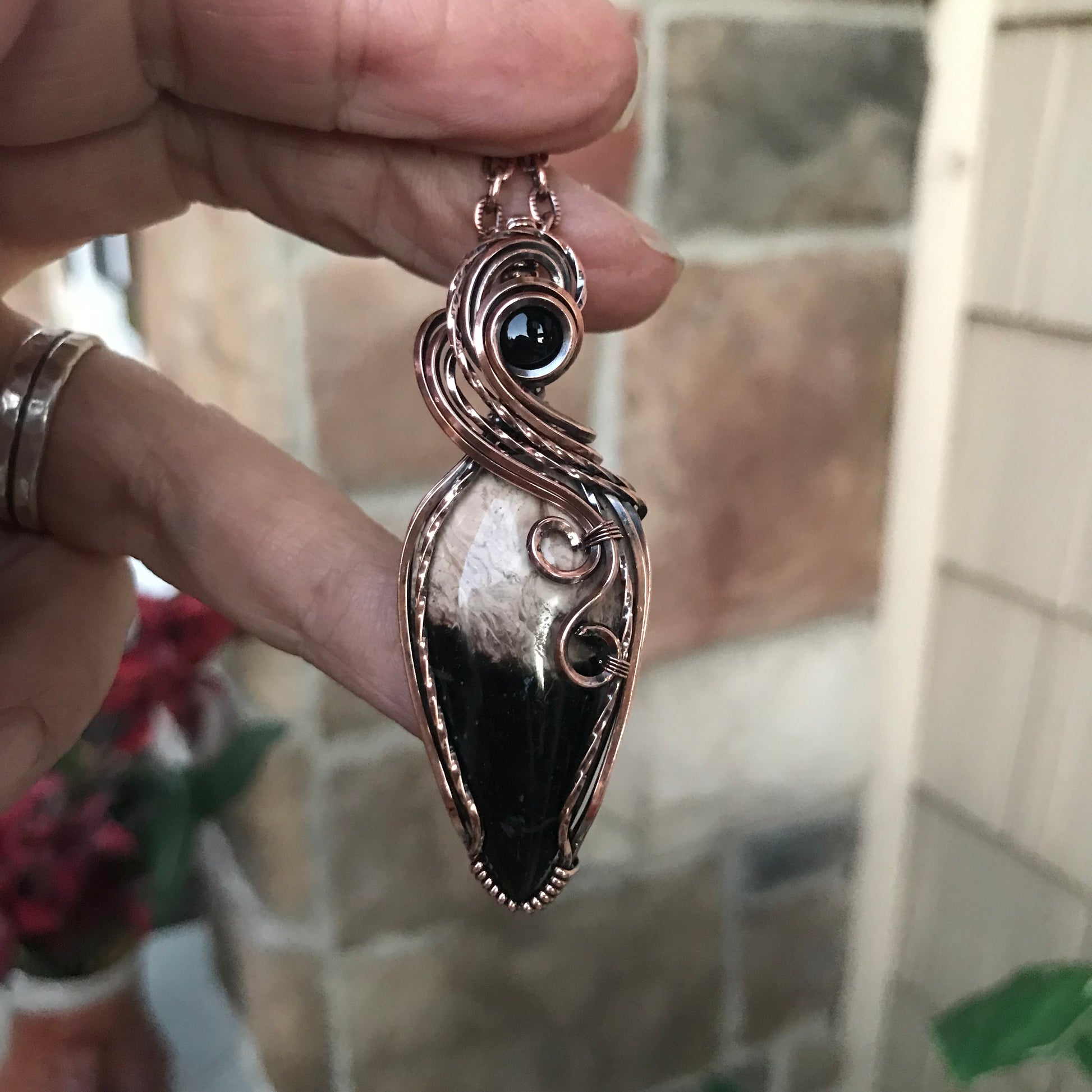 Petrified Palm Wood (Bird's Eye Agate)  & Black Onyx Copper Necklace