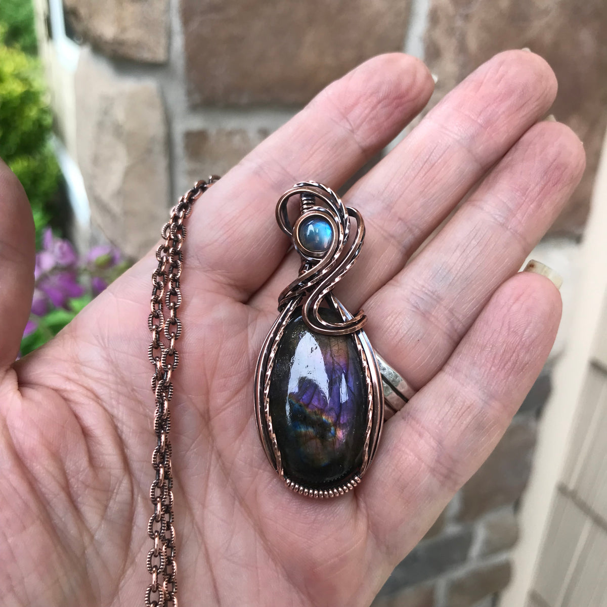 Dark Purple Labradorite & Moonstone Oval Copper Necklace