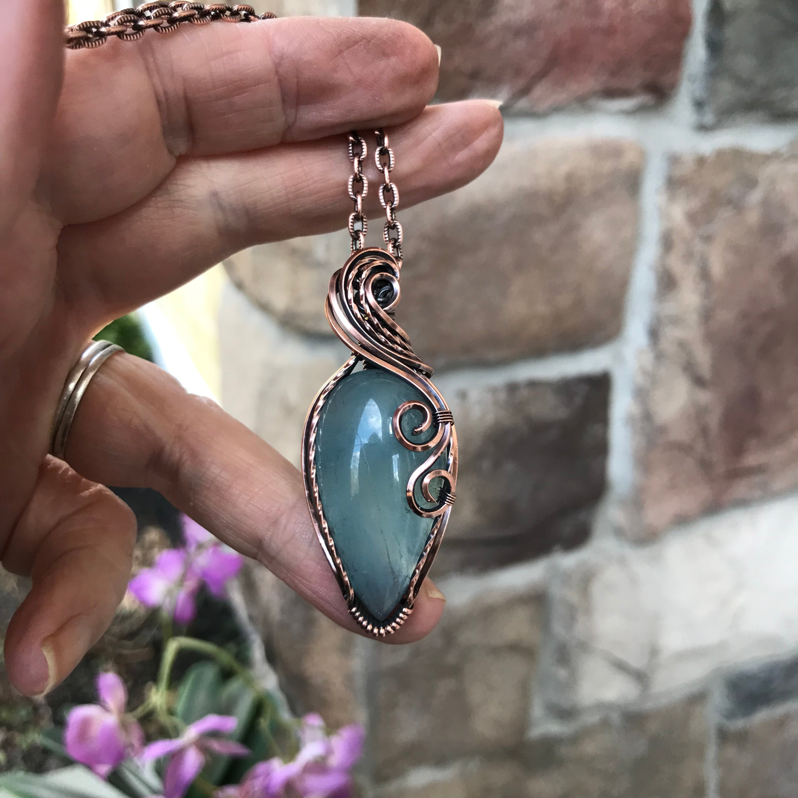Aquamarine Teardrop Swirly Copper Pendant
