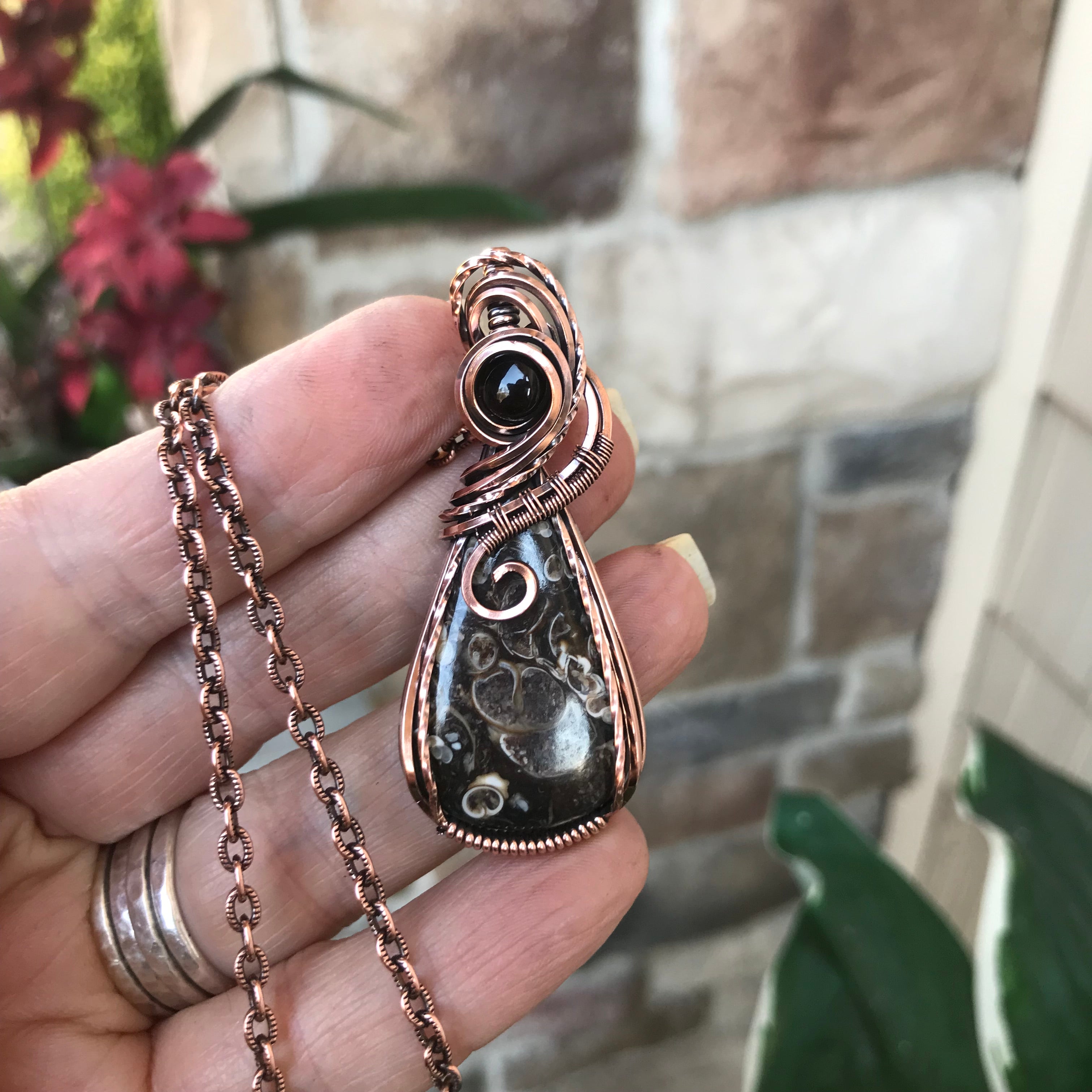 Turritella Fossil Agate & Smoky Quartz Copper Pendant