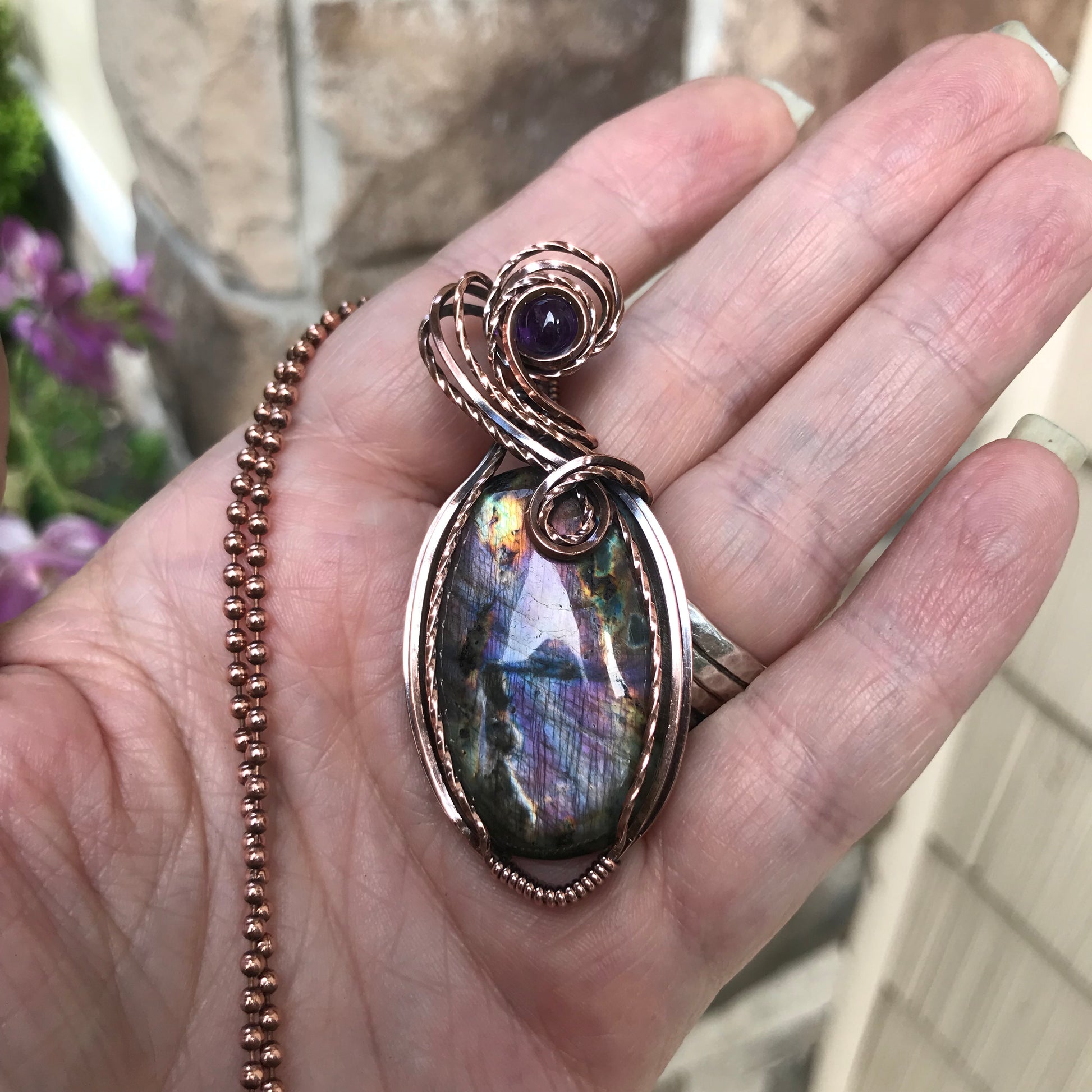 Smoky Purple Rainbow Labradorite & Amethyst Oval Copper Pendant