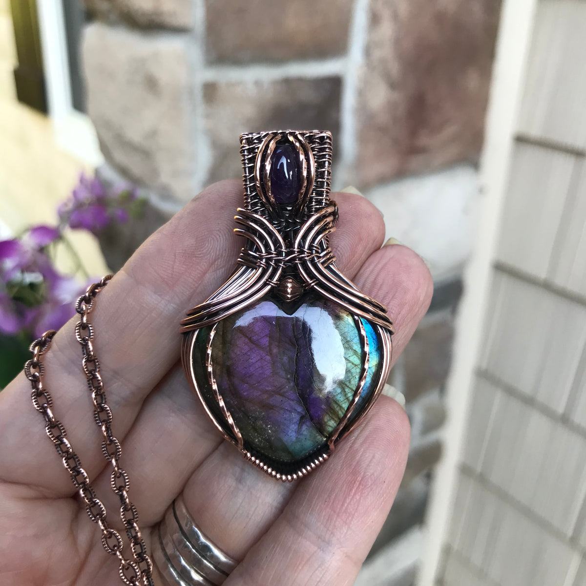 Rainbow Labradorite & Amethyst Copper Pendant