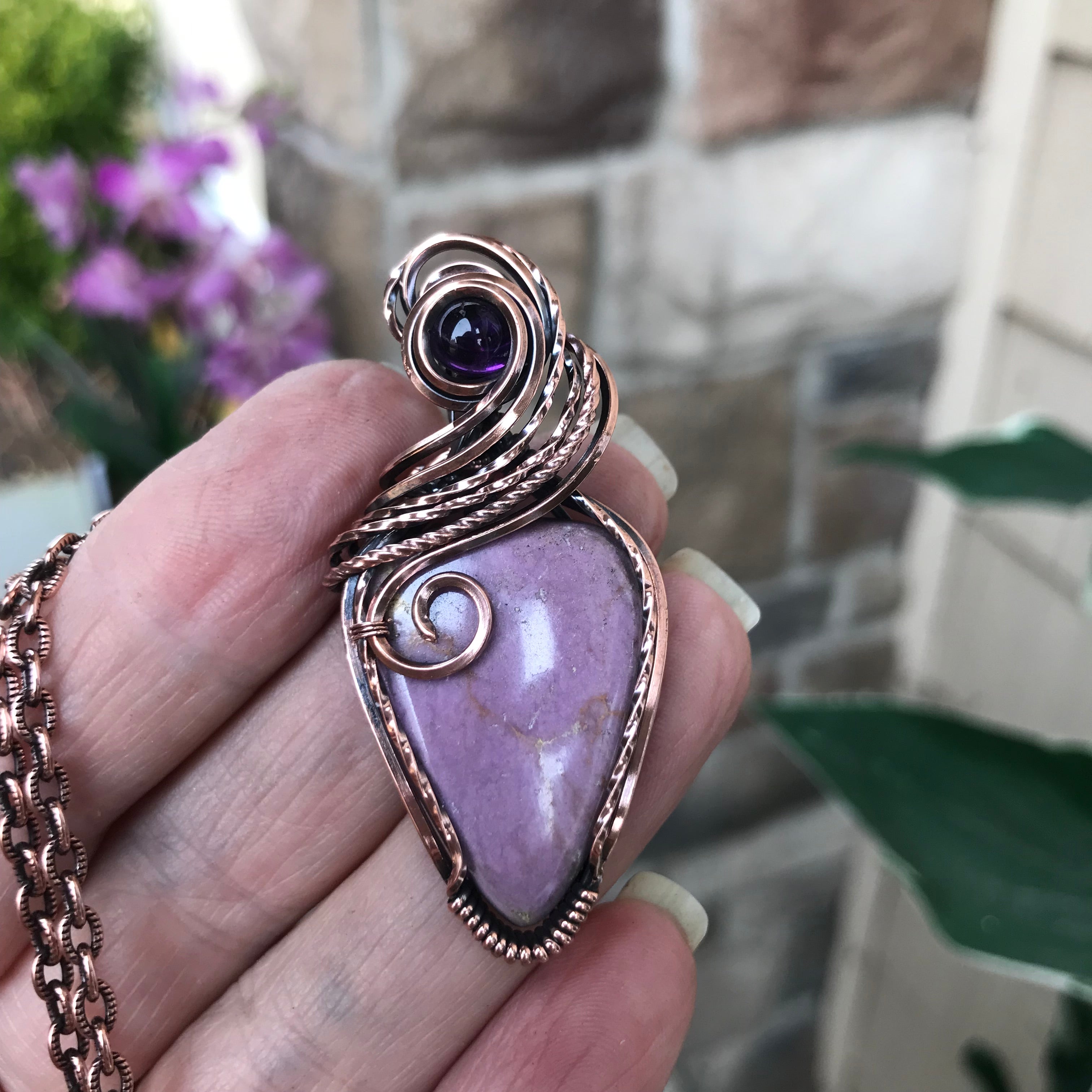 Phosphosiderite & Amethyst Swirly Copper Pendant