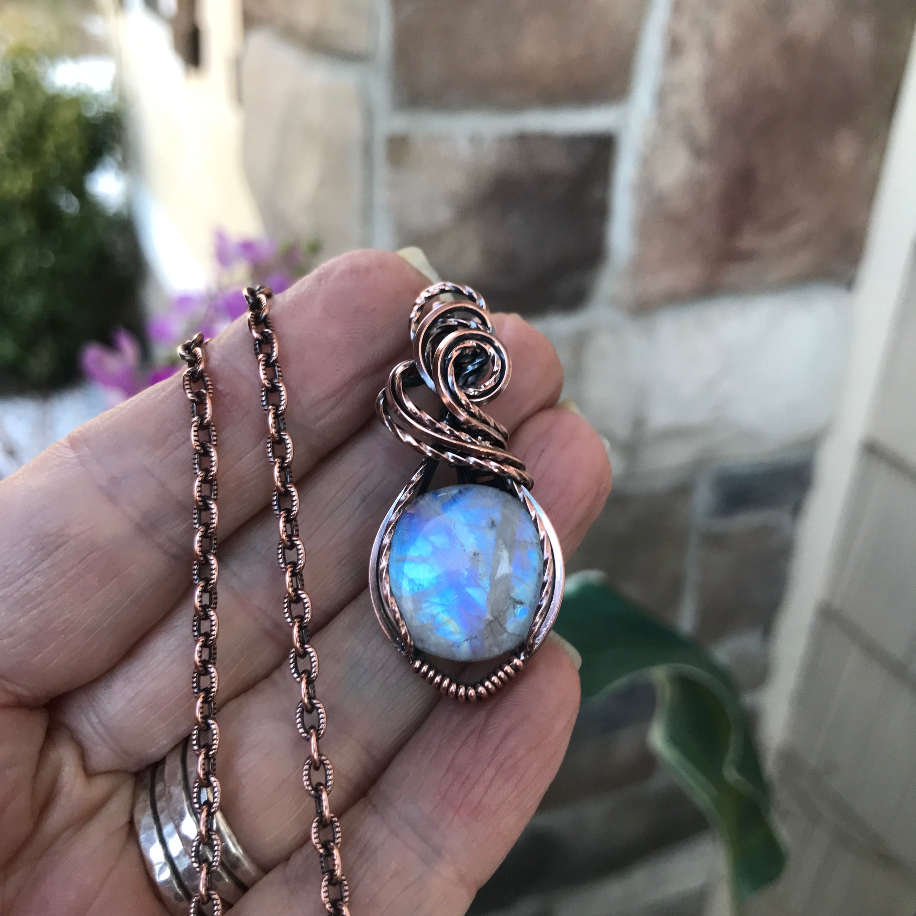 Blue Moonstone Round Copper Necklace