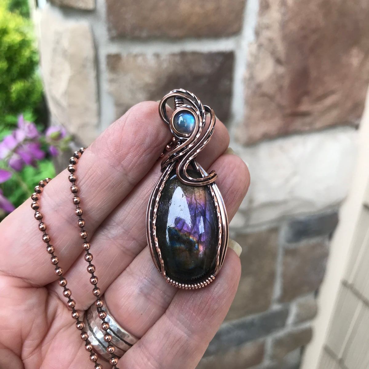 Dark Purple Labradorite & Moonstone Oval Copper Necklace