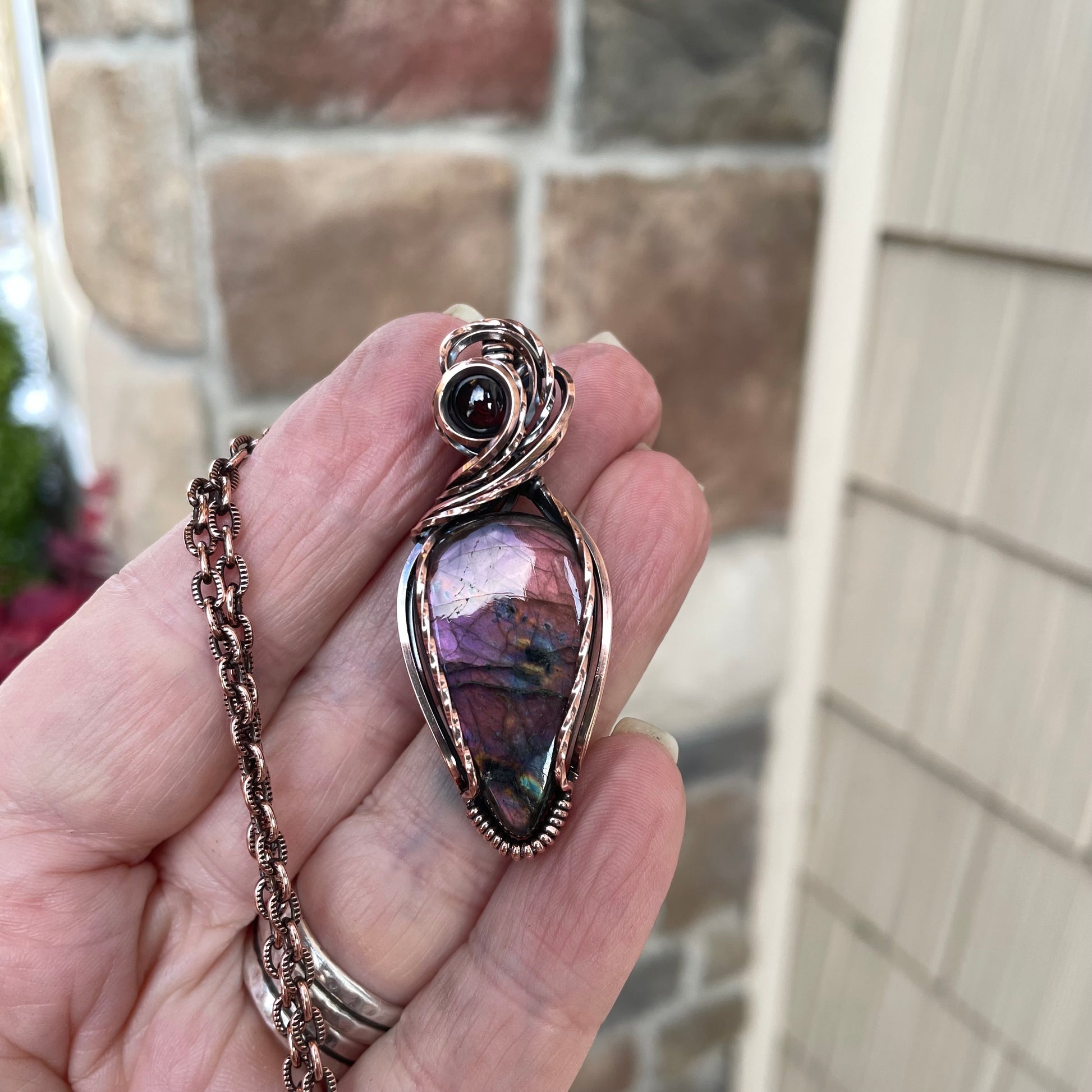 Purple Maroon Labradorite & Garnet Swirly Copper Pendant