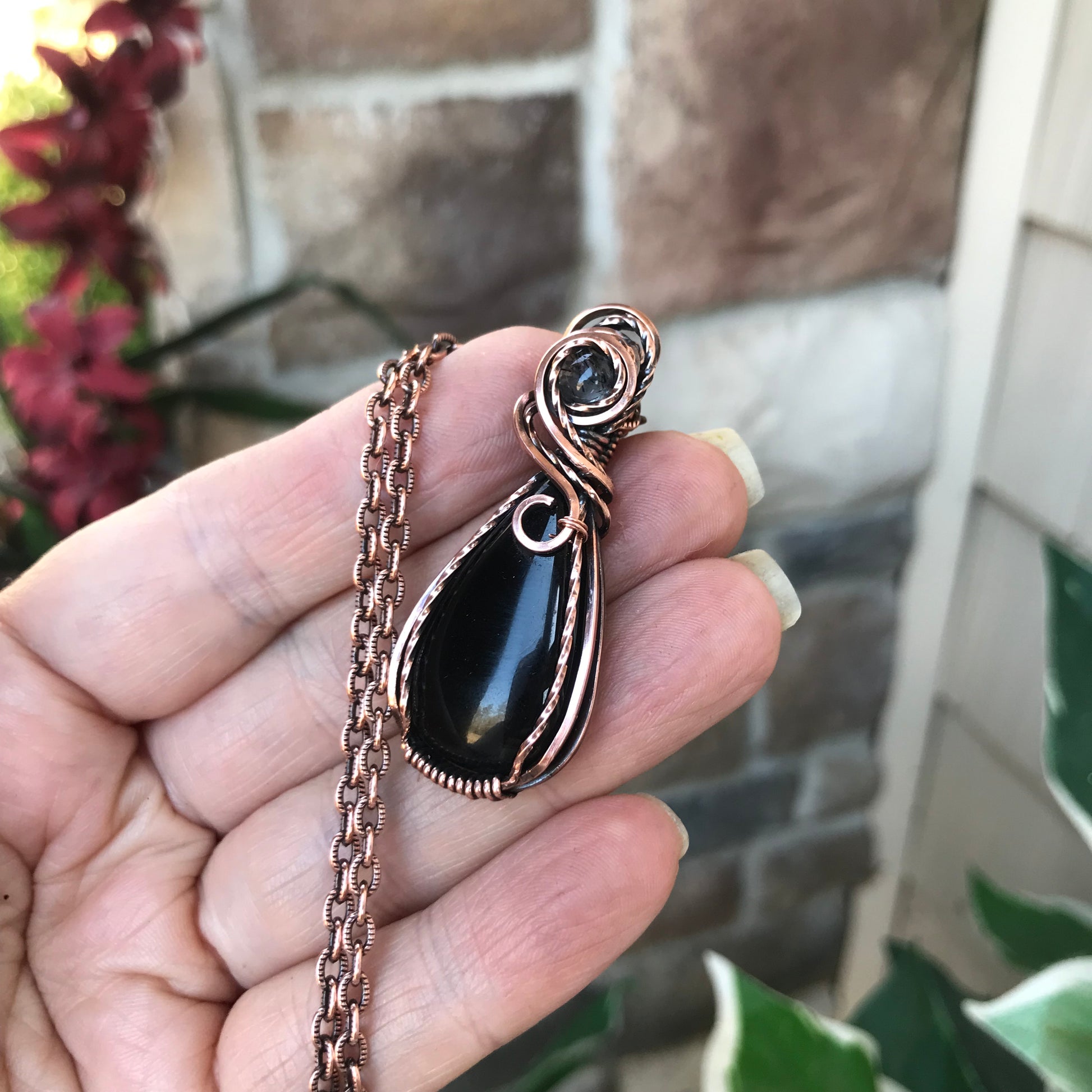 Black Onyx & Black Rutile Quartz Copper Necklace