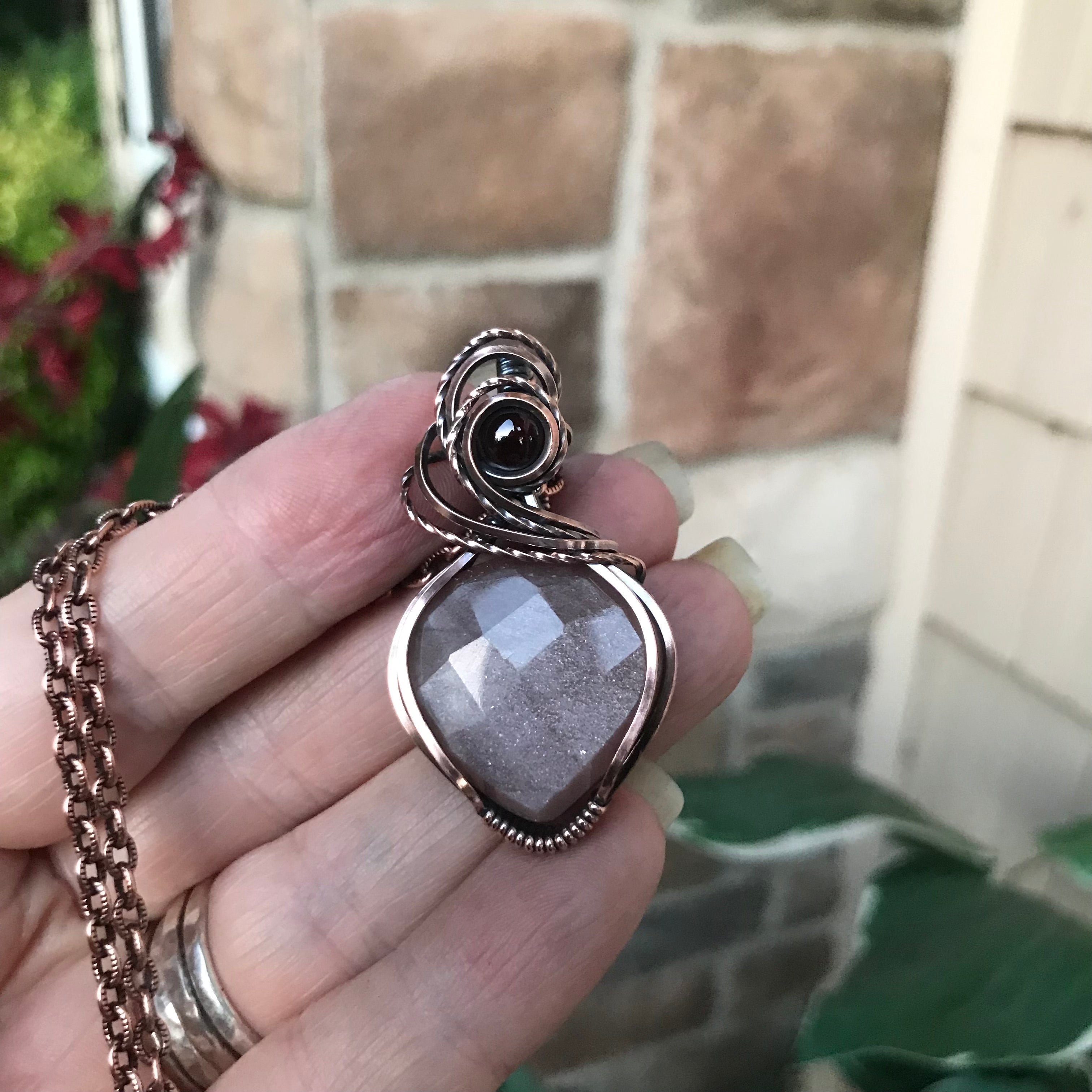 Peach Moonstone & Garnet Copper Necklace