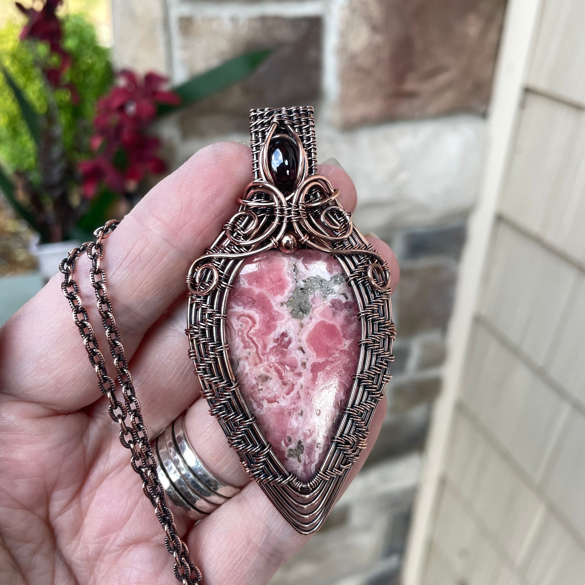 Rhodochrosite & Garnet Woven Copper Pendant
