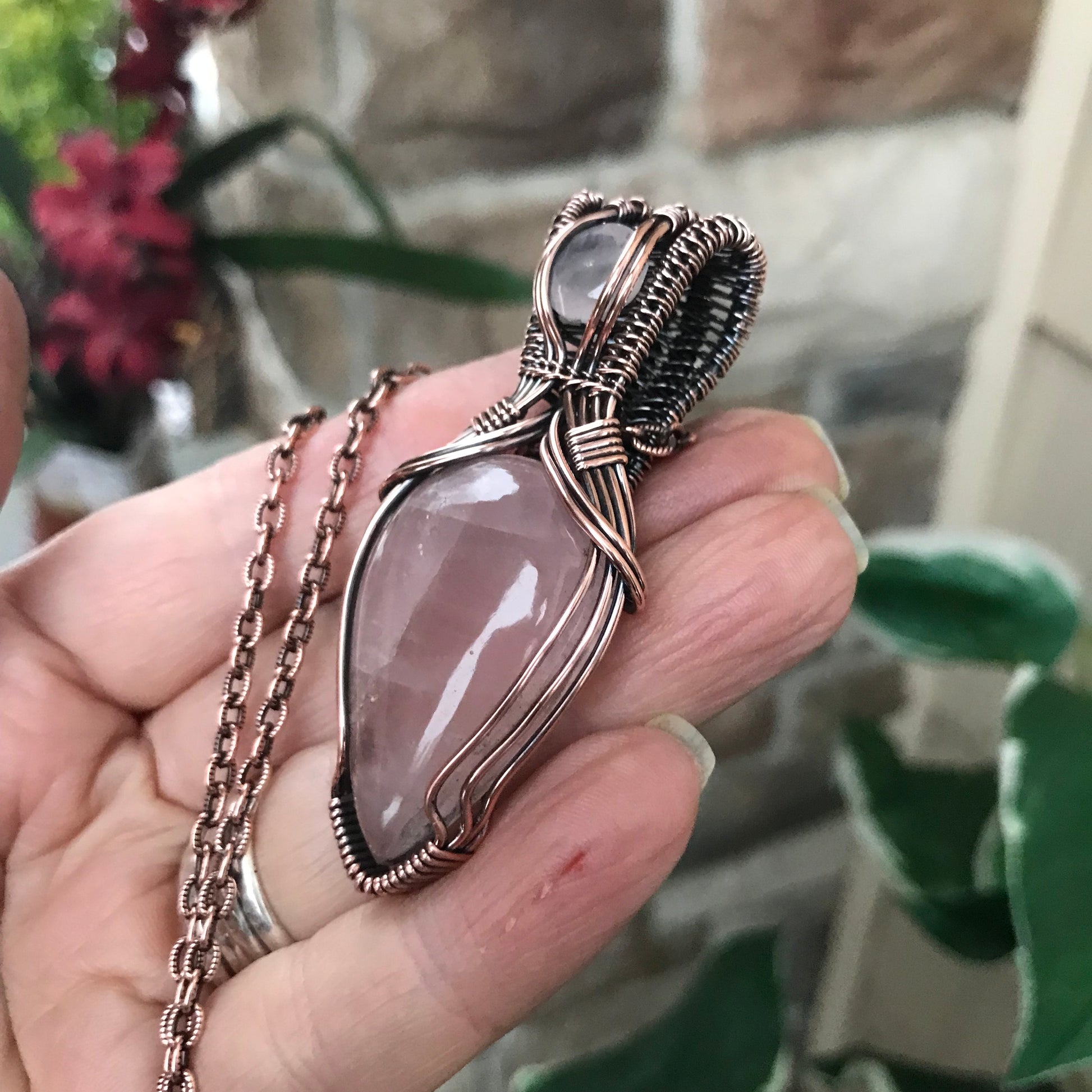 Rose Quartz with Faceted Rose Quartz Copper Pendant