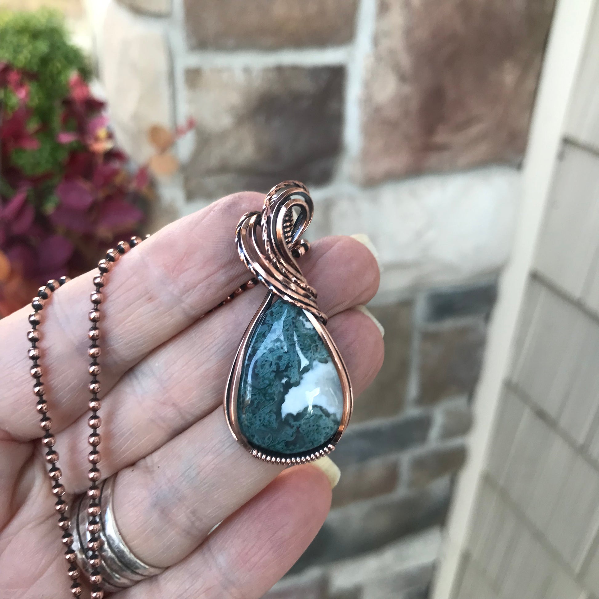 Teal Moss Agate Copper Pendant