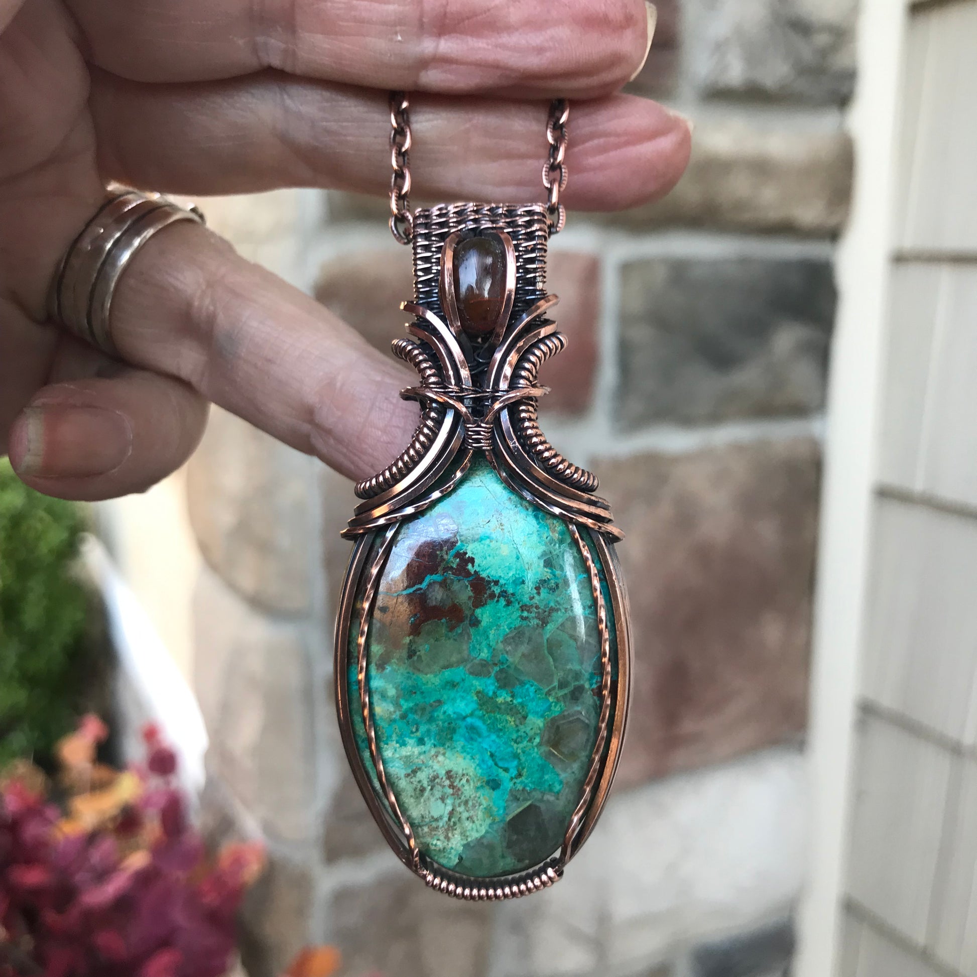 Shattuckite & Amber Oval Pendant with Weaving