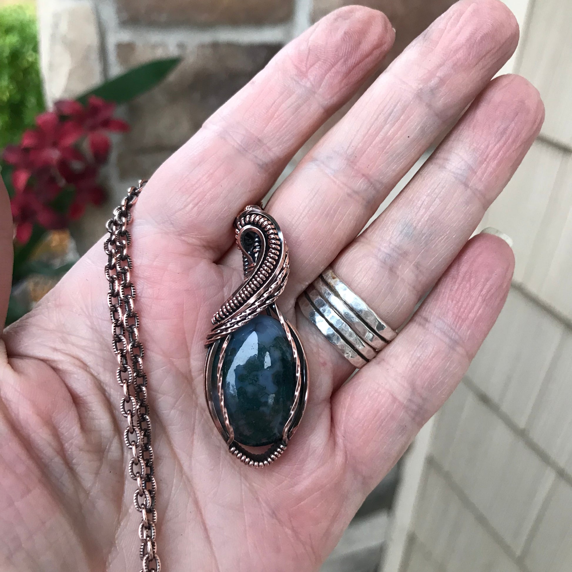 Moss Agate Oval Copper Pendant