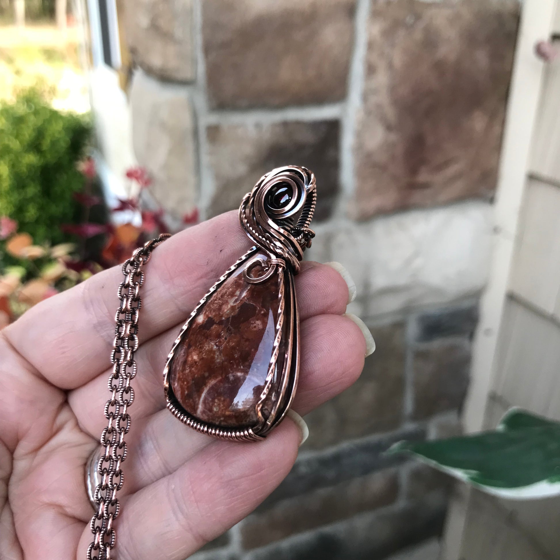 Wildeye Jasper & Garnet Pendant in Oxidized Copper