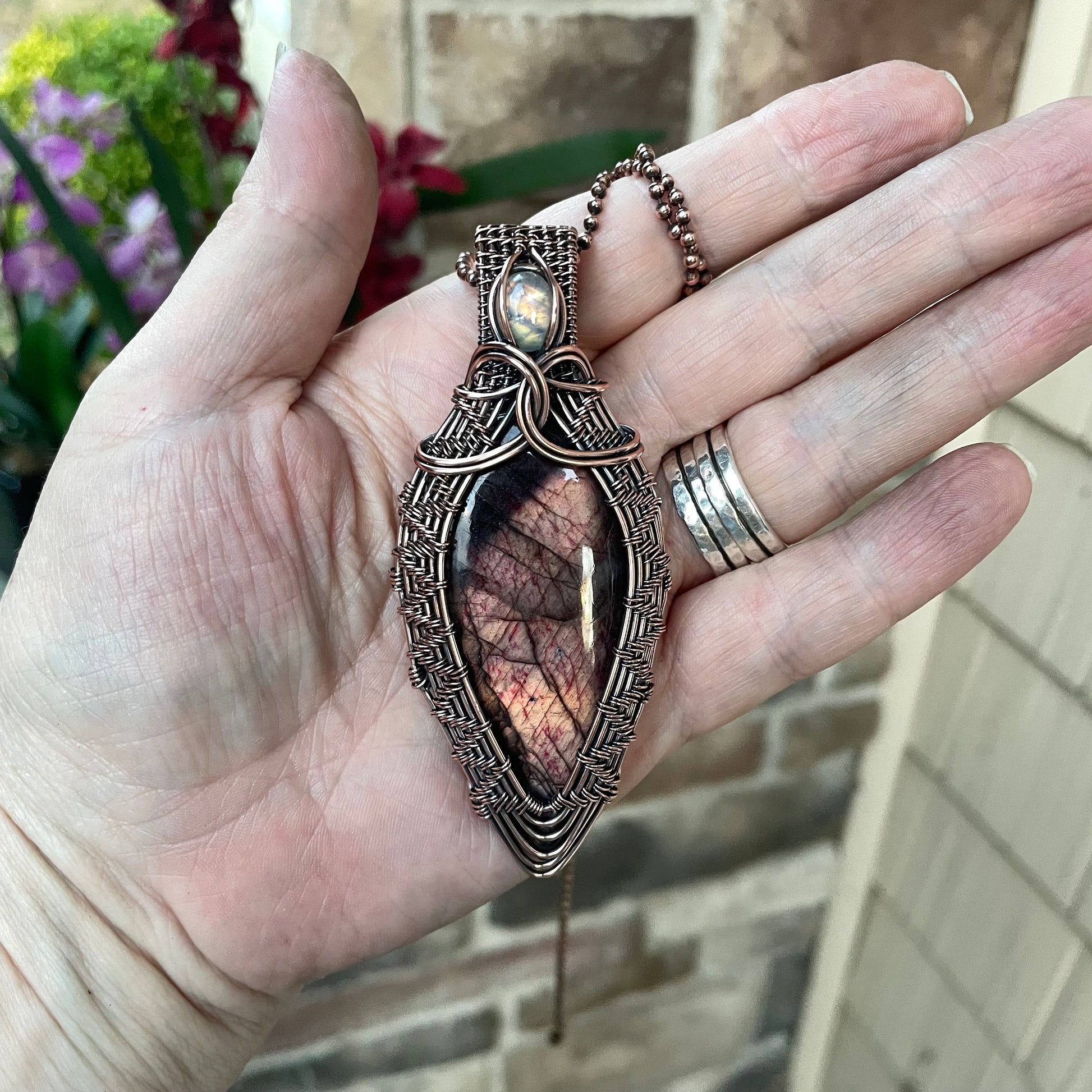 Maroon Gold Labradorite with Moonstone Woven Copper Pendant