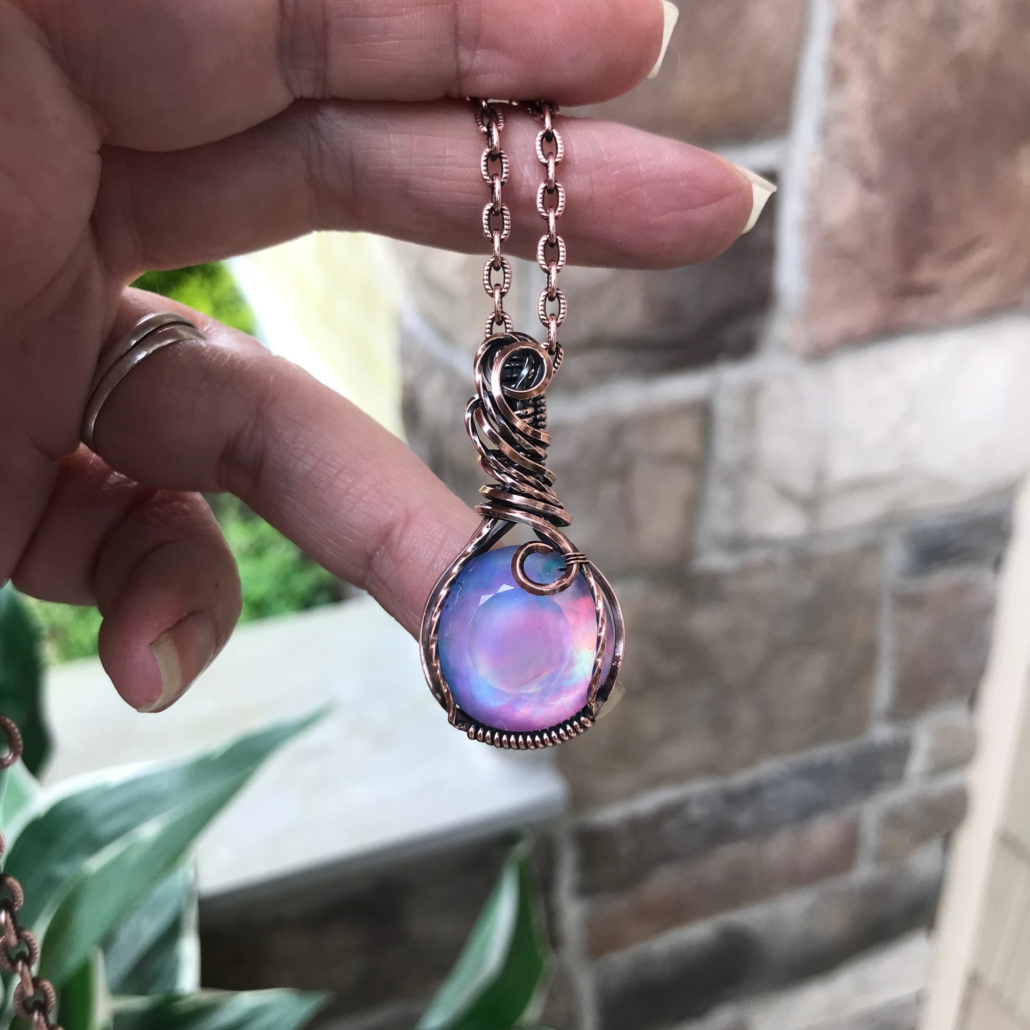 Aurora Opal  Faceted Round Copper Pendant